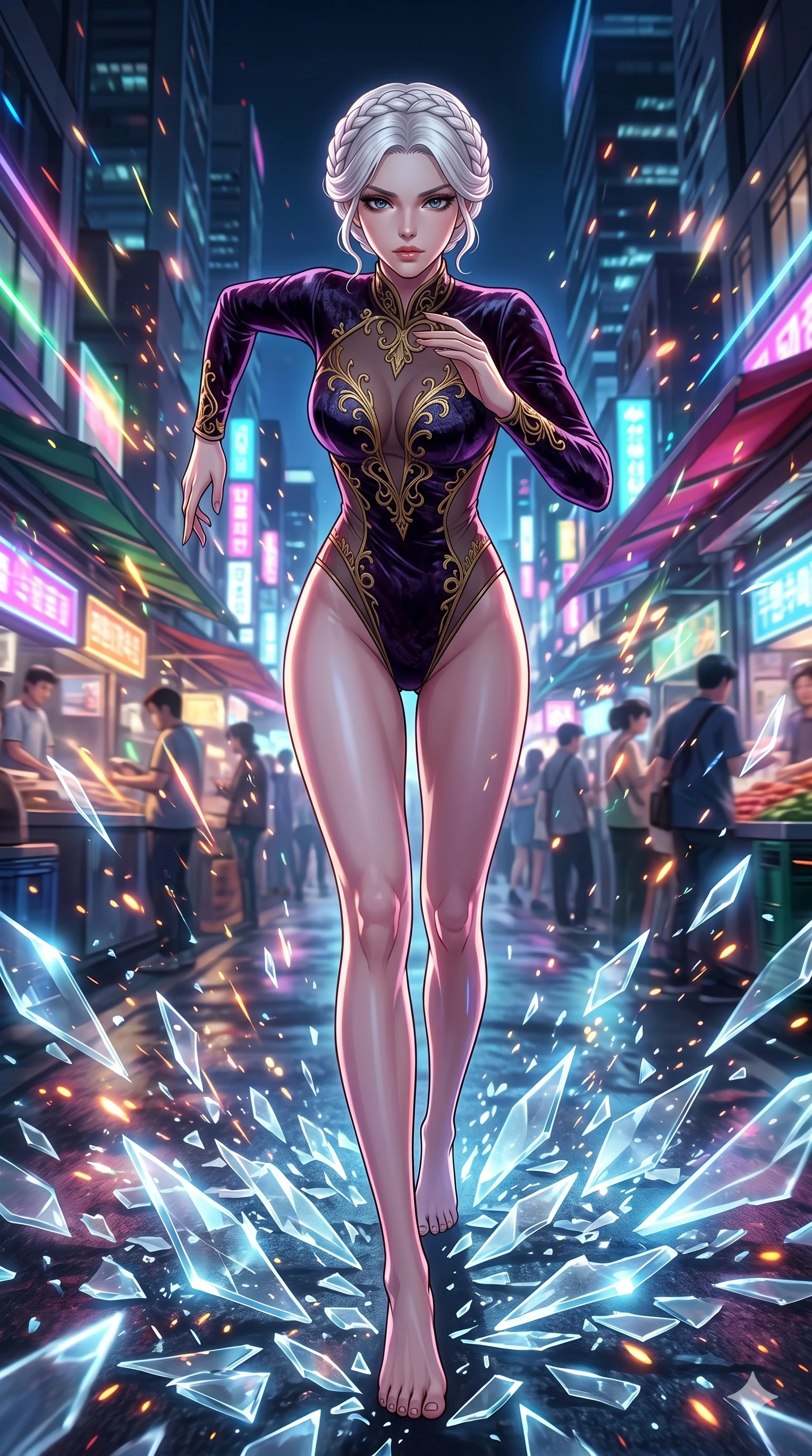 score_9, masterpiece, best quality, ultra-detailed, Set A: High-budget Anime Keyframe, Japanese woman. Low angle cowboy shot filling the entire 9:16 frame with her statuesque presence. Sprinting through a neon-lit Neo-Seoul market, as the ground beneath her turns into 201 shards of light and surrounded by glowing energy sparks. She has an absolutely perfect 8-heads proportion, an exceptionally tall and slender female figure with impossibly long slender legs and an ultra-slim waist. Sharp v-shaped jawline, high-bridge nose, intricate jewel-like eyes with depth, thick eyelashes, glossy lips with a natural sheen. Wearing Crushed dark velvet bodysuit with golden filigree and sheer fabric transparency. Cinematic lighting, vibrant colors, dramatic shadows, 2k, ultra detail, master piece, 9:16 ratio