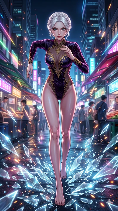 score_9, masterpiece, best quality, ultra-detailed, Set A: High-budget Anime Keyframe, Japanese woman. Low angle cowboy shot filling the entire 9:16 frame with her statuesque presence. Sprinting through a neon-lit Neo-Seoul market, as the ground bene
