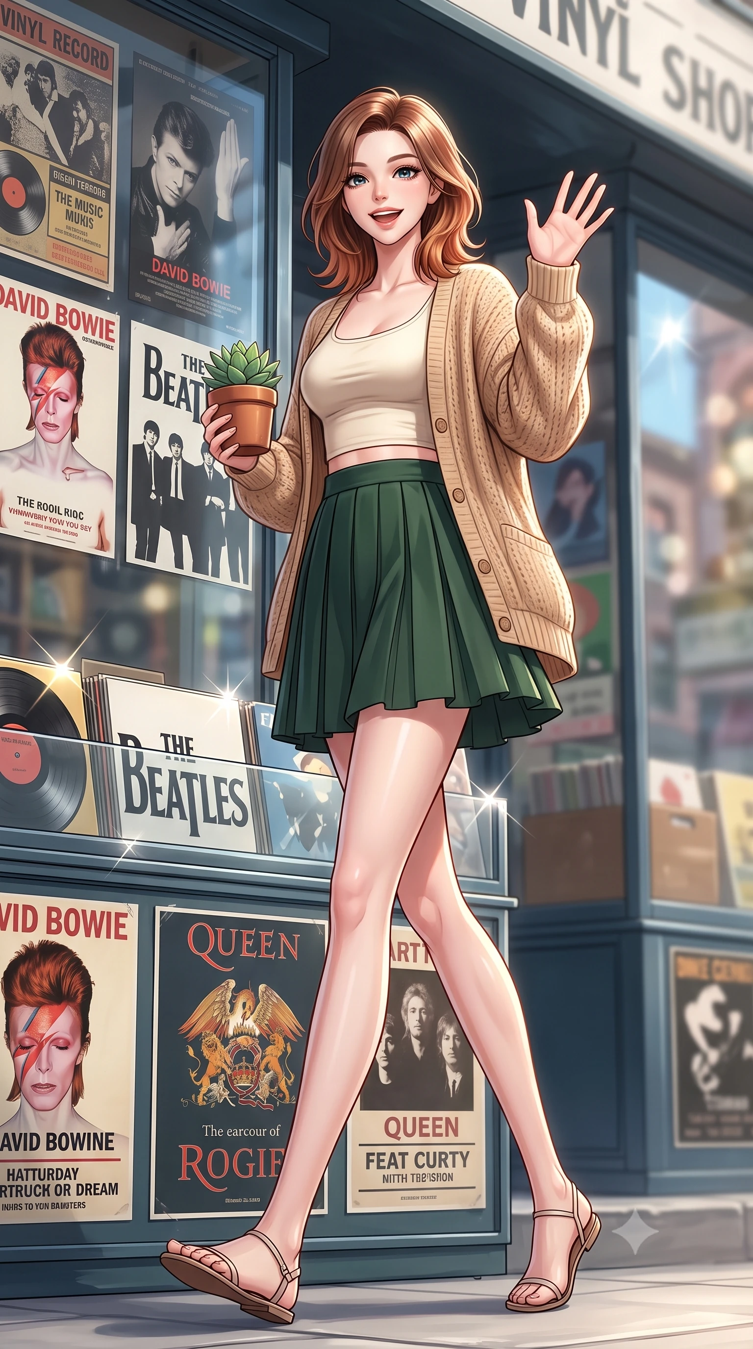 score_9, masterpiece, best quality, ultra-detailed, high-budget anime keyframe, editorial fashion photography, tasteful artistic composition, Korean woman. low angle full-body shot from head to toe showing her feet, filling the entire 9:16 vertical frame with her statuesque presence, stretching her vertical silhouette. stepping forward with a bright, cheerful smile, waving happily at the viewer set against a soft-focus background of in front of a vintage vinyl record shop with retro music posters in the window holding a small potted succulent with a delighted, cute expression. She has an absolutely perfect, statuesque 8.5-heads proportion, an exceptionally tall and slender model-like female figure with impossibly long slender legs and an ultra-slim waist. sharp v-shaped jawline, high-bridge nose, intricate jewel-like eyes with depth, thick eyelashes, glossy lips with a natural sheen. wearing body-hugging crop top under an open knit cardigan, paired with a high-waist pleated A-line skirt. bright daylight reflecting off the display cases, creating sparkling glints. ultra-reflective glossy finish, specular highlights, metallic sheen, high-contrast stereoscopic depth, volumetric dynamic lighting, 2k, ultra detail, master piece, 9:16 ratio