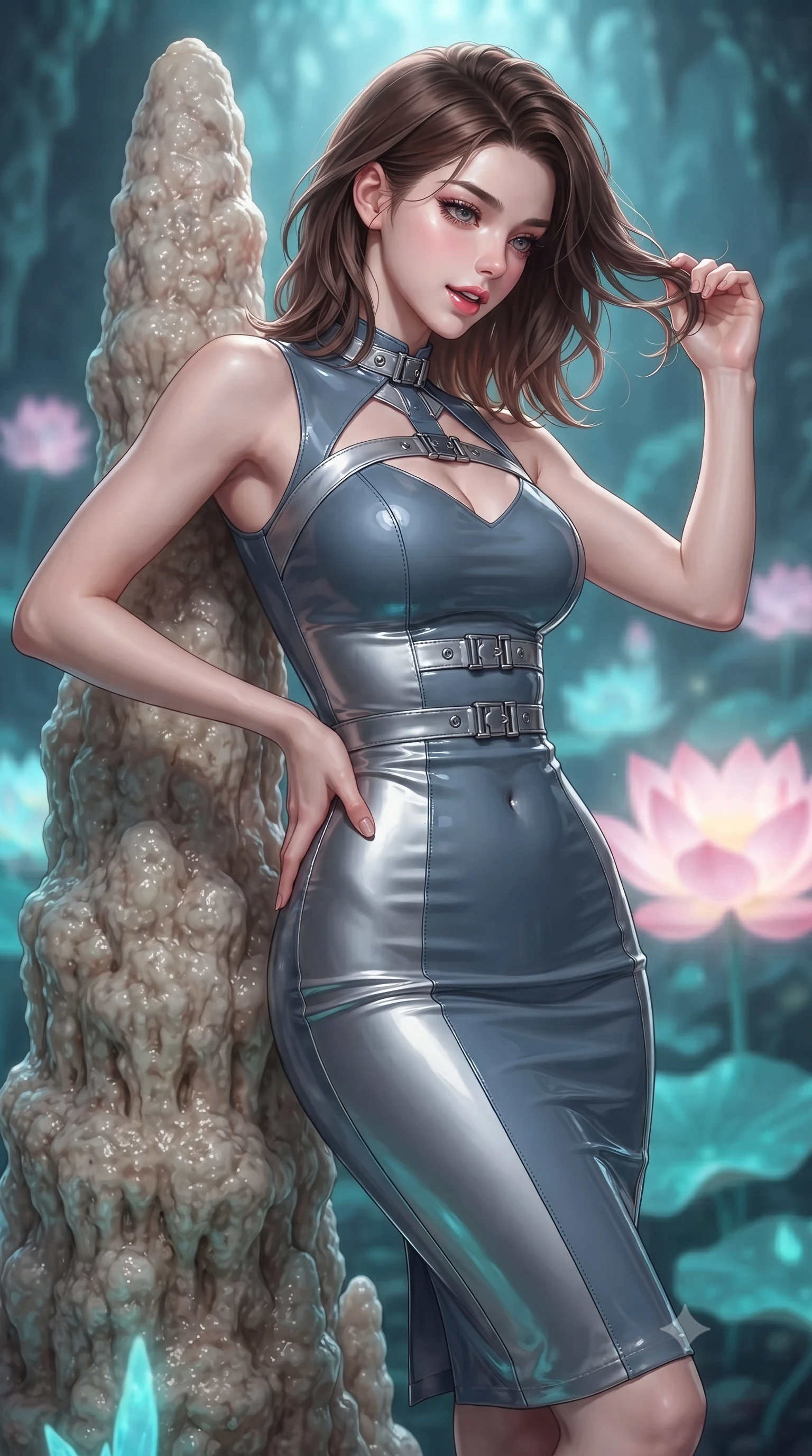 score_9, masterpiece, best quality, ultra-detailed, high-budget anime keyframe, editorial fashion photography, tasteful artistic composition, Korean woman. close-up cowboy shot from the waist and thighs up, the character dominates the composition, filling the frame with her large presence. twisting her slender torso in an alluring contrapposto stance, one hand resting on her sculpted hip while her fingers toy with her hair with effortless poise while leaning against the calcified stalagmite with hips cocked back, gazing down into glowing turquoise underwater coral branches with smoldering bedroom-eyes. The background shows a soft-focus gentle rising mineral cavern mist softened in subterranean lotus sanctuary shallow focus. She has an exceptionally elegant, slender, and willowy female figure with an ultra-slim waist, flat toned midriff, narrow ribcage, and sculpted feminine hips creating an alluring, slim hourglass silhouette without bulk. sharp v-shaped jawline, high-bridge nose, intricate jewel-like sparkling eyes with depth, thick eyelashes, glossy parted lips with a natural peach sheen, bright cheerful beaming smile with an enchanting and coquettish sensual glint, exuding both youthful cute charm and seductive allure, flawlessly proportioned anatomical accuracy, strict slender model proportions, natural body alignment, perfectly sculpted long slender limbs, ultra-slim waistline, clean dynamic posture without body distortion. wearing an ultra-sleek form-fitting ribbed knit midi dress with elegant collar cutouts contouring her feminine hourglass silhouette in slate blue and metallic silver, tailored from high-gloss patent leather with mirror-like specular highlights, finished with sleek magnetic buckle closures fluttering in the breeze, the form-contouring silhouette accentuating her sculpted flat midriff, narrow delicate ribcage, and gracefully curvy hips with intoxicating allure. bathed in the ethereal natural fluorescence of living turquoise corals mixed with the soft pink radiance of glowing lotuses. ultra-reflective glossy finish, specular highlights, rich textural contrasts, high-contrast stereoscopic depth, volumetric dynamic lighting, 2k, ultra detail, master piece, 9:16 ratio