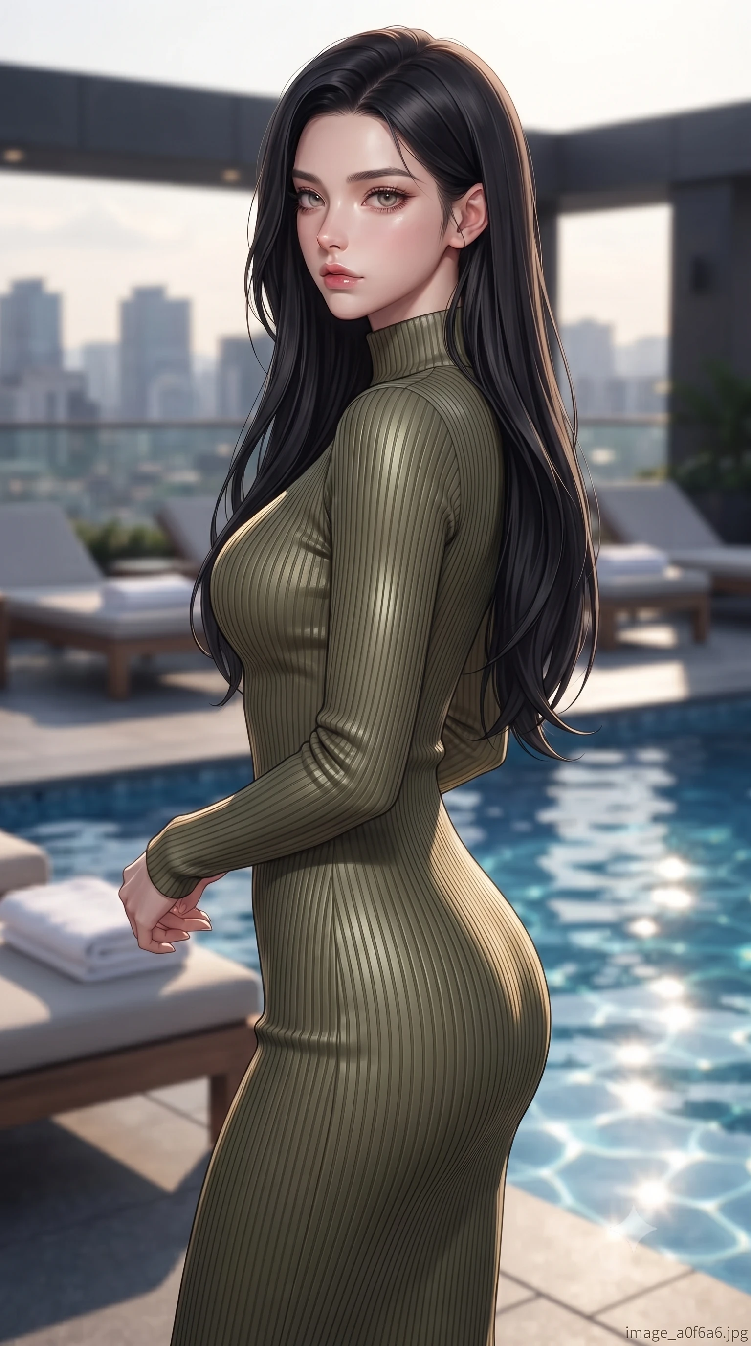 score_9, masterpiece, best quality, ultra-detailed, high-budget anime keyframe, editorial fashion photography, tasteful artistic composition, Korean woman woman. close-up cowboy shot from the waist and thighs up, the character dominates the composition, filling the frame with her large presence, background elements kept in soft focus. turning her face in sharp profile, casting a cold, mysterious, yet intensely alluring side gaze, the background shows a soft-focus a private rooftop pool with sunbeds and white towels, looking out at the city. She has an exceptionally elegant, slender, and willowy female figure with an ultra-slim waist, a gracefully sculpted slender torso, and a refined silhouette. sharp v-shaped jawline, high-bridge nose, intricate jewel-like eyes with depth, thick eyelashes, glossy lips with a natural sheen. wearing a form-contouring form-contouring ribbed knit bodycon midi dress in olive green, tracing her slender silhouette with a high neck. bright afternoon sunbeams creating shimmering patterns in the blue pool water. ultra-reflective glossy finish, specular highlights, metallic sheen, high-contrast stereoscopic depth, volumetric dynamic lighting, 2k, ultra detail, master piece, 9:16 ratio
