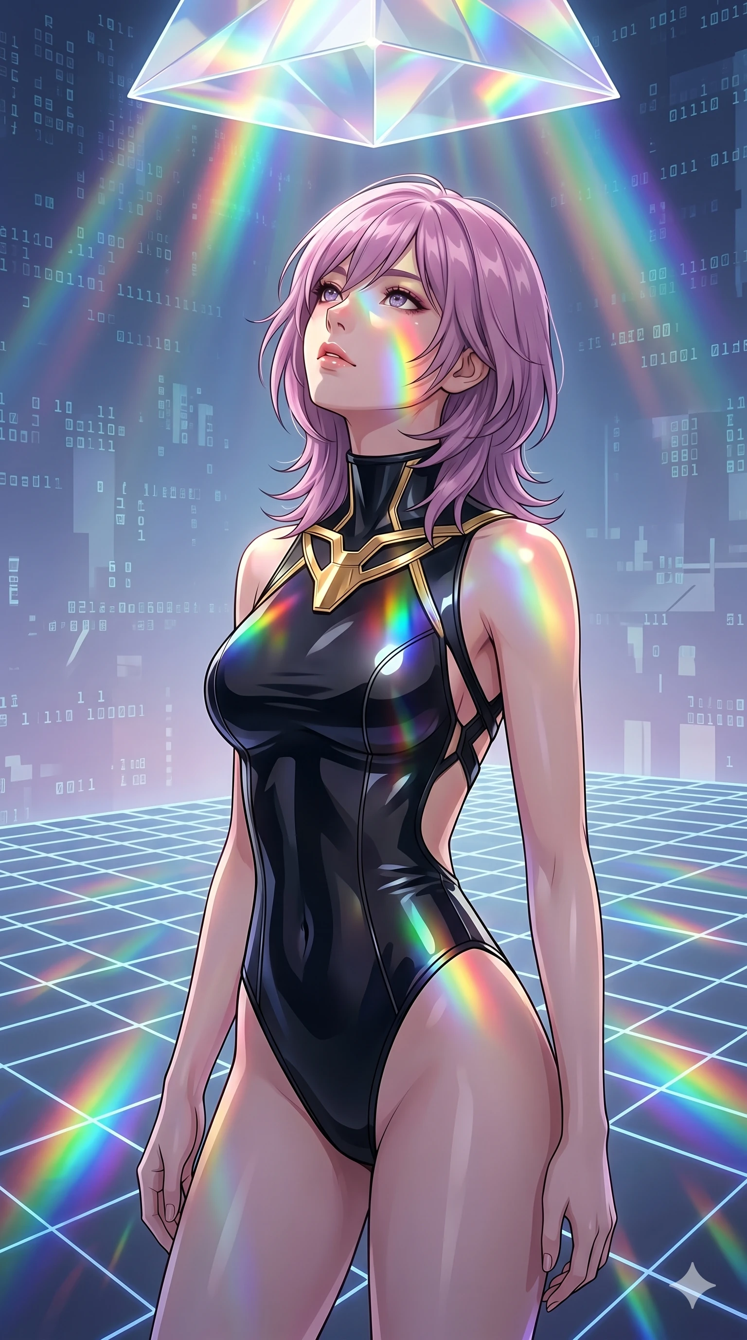 score_9, masterpiece, best quality, ultra-detailed, high-budget anime keyframe, editorial fashion photography, tasteful artistic composition, Japanese woman. cowboy shot from the thighs up, character and outfit filling the frame for maximum editorial presence. Glancing upward with a thoughtful, dreamy expression, the light catching her glossy lips on a floating digital grid platform under a sky of shifting geometric code patterns. She has an absolutely perfect 8-heads proportion, an exceptionally tall and slender female figure with impossibly long slender legs and an ultra-slim waist. V-shaped jawline, high-bridge nose, intricate jewel-like eyes with depth, thick eyelashes, glossy lips with a natural sheen. wearing an architectural black latex bodysuit with gold-plated collarbone accents and a backless design. illuminated by refracted rainbow light from a crystal prism overhead, coloring her face and outfit. 2k, ultra detail, master piece, 9:16 ratio