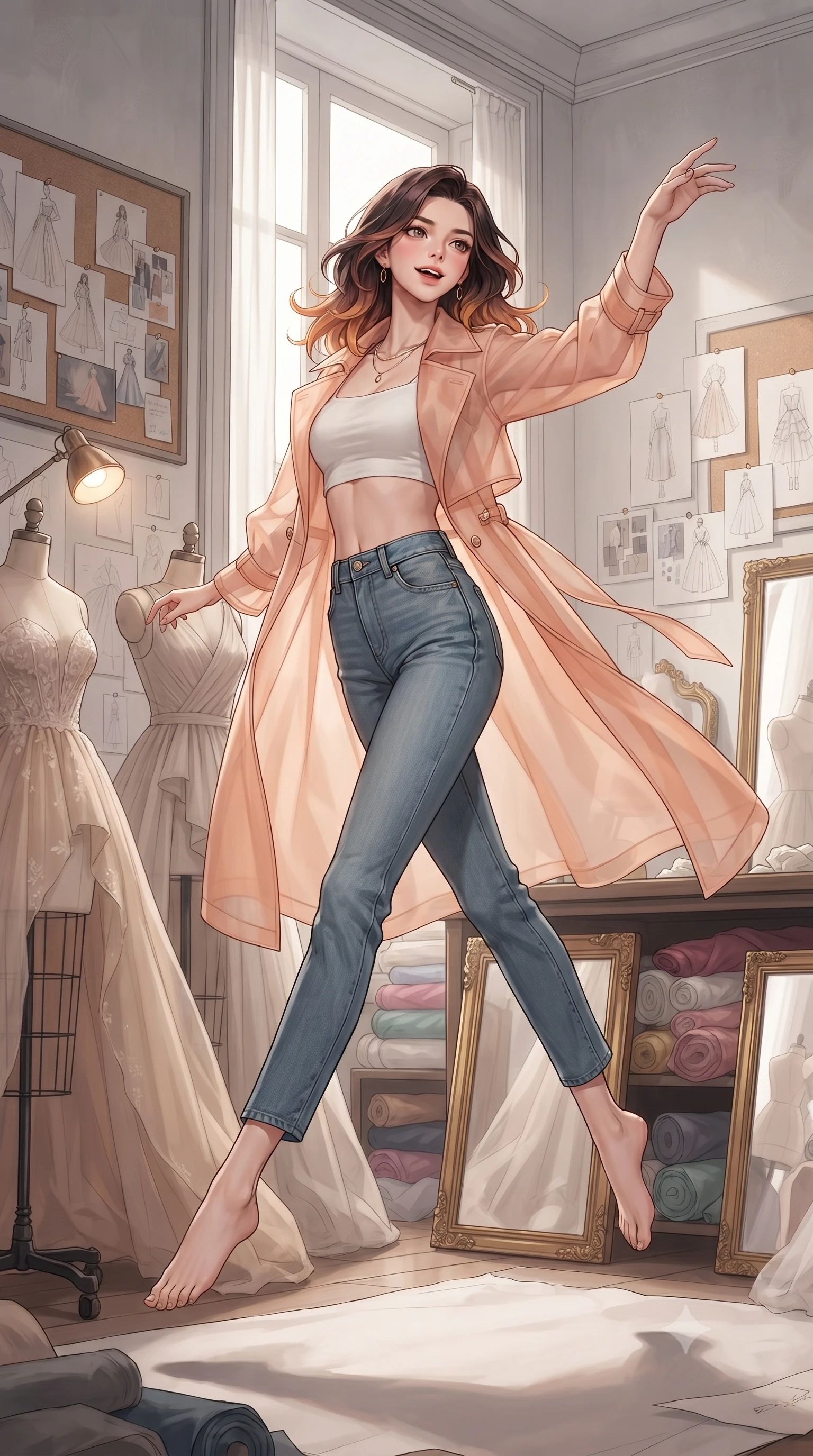 score_9, masterpiece, best quality, ultra-detailed, high-budget anime keyframe, editorial fashion photography, tasteful artistic composition, Korean woman. low angle full-body shot from head to toe showing her feet, filling the entire 9:16 vertical frame with her statuesque presence, stretching her vertical silhouette. leaping gracefully through a luxury fashion designer's private studio with elegant dress forms draped in half-finished couture gowns bolts of silk and tulle stacked on shelves fashion sketches pinned everywhere and gilt-framed mirrors. She has a statuesque 8.5-heads proportion, an exceptionally tall, slender and willowy model-like build with impossibly long legs and a highly sculpted ultra-slim waist. sharp v-shaped jawline, high-bridge nose, intricate jewel-like eyes with depth, thick eyelashes, glossy lips with a natural sheen. wearing a sheer peach organza trench coat worn open over a white crop top and high-waisted raw denim jeans. soft diffused daylight from tall north-facing windows providing perfect neutral studio illumination with warm accent spotlights on key dress forms. 2k, ultra detail, master piece, 9:16 ratio