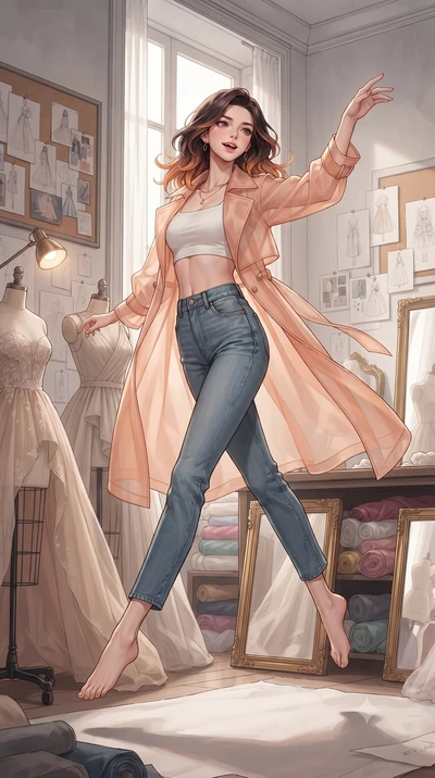 score_9, masterpiece, best quality, ultra-detailed, high-budget anime keyframe, editorial fashion photography, tasteful artistic composition, Korean woman. low angle full-body shot from head to toe showing her feet, filling the entire 9:16 vertical f