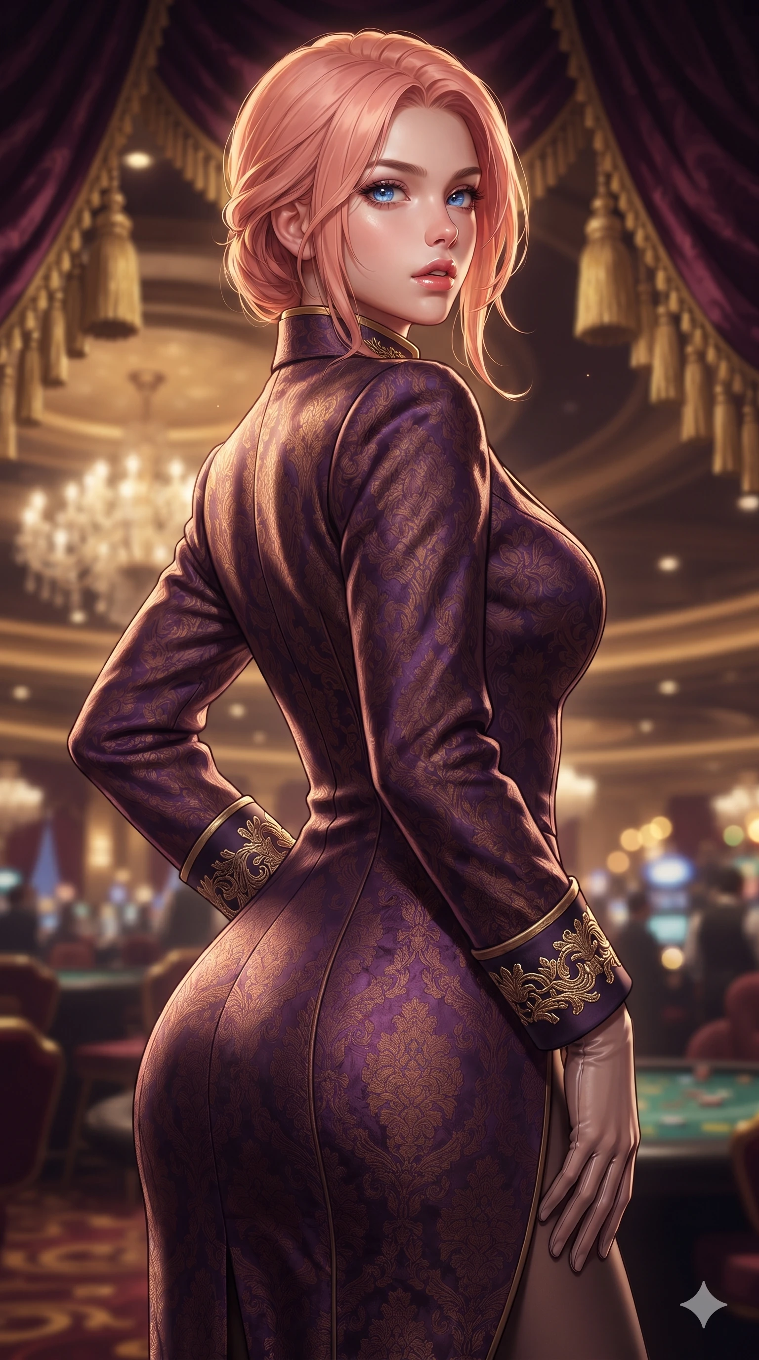 score_9, masterpiece, best quality, ultra-detailed, high-budget anime keyframe, editorial fashion photography, tasteful artistic composition, Japanese woman. close-up cowboy shot from the waist and thighs up, the character dominates the composition, filling the frame with her large presence. resting one manicured hand delicately on her hip bone, her upper body turning in a fluid, seductive S-curve while parted lips glisten in the light while posing in an alluring rear three-quarter angle, looking over a bare shoulder with parted glossy lips as ambient hall lights caress her spine. The composition keeps background elements in soft focus with creamy bokeh: sprawling chandelier-lit casino floor below, ornate velvet draperies with golden tassels, and distant gaming chatter blurred into topaz, gold, and burgundy bokeh. She has an exceptionally elegant, slender, and willowy female figure with an ultra-slim waist, flat toned midriff, narrow ribcage, and sculpted feminine hips creating an alluring, slim hourglass silhouette without bulk. sharp v-shaped jawline, high-bridge nose, intricate jewel-like eyes with depth, thick eyelashes, glossy parted lips with a natural sheen, intensely captivating and seductive bedroom-eyes expression, flawlessly proportioned anatomical accuracy, strict slender model proportions, natural body alignment, perfectly sculpted long slender limbs, ultra-slim waistline, clean dynamic posture without body distortion. wearing a royal Renaissance brocade ceremonial jacket with standing mandarin collar and gold-embroidered cuffs in deep plum violet and antique bronze, tailored from water-resistant treated wool gabardine and flexible stretch silk, complemented by sheer opera-length evening gloves tracing her slender arms, the bespoke structured tailoring following the natural line of her 8.5-heads silhouette with refined elegance. illuminated by golden reflection bounce defining her dewy collarbones, ultra-slim waist, and curvy hips. ultra-reflective glossy finish, specular highlights, rich textural contrasts, high-contrast stereoscopic depth, volumetric dynamic lighting, 2k, ultra detail, master piece, 9:16 ratio