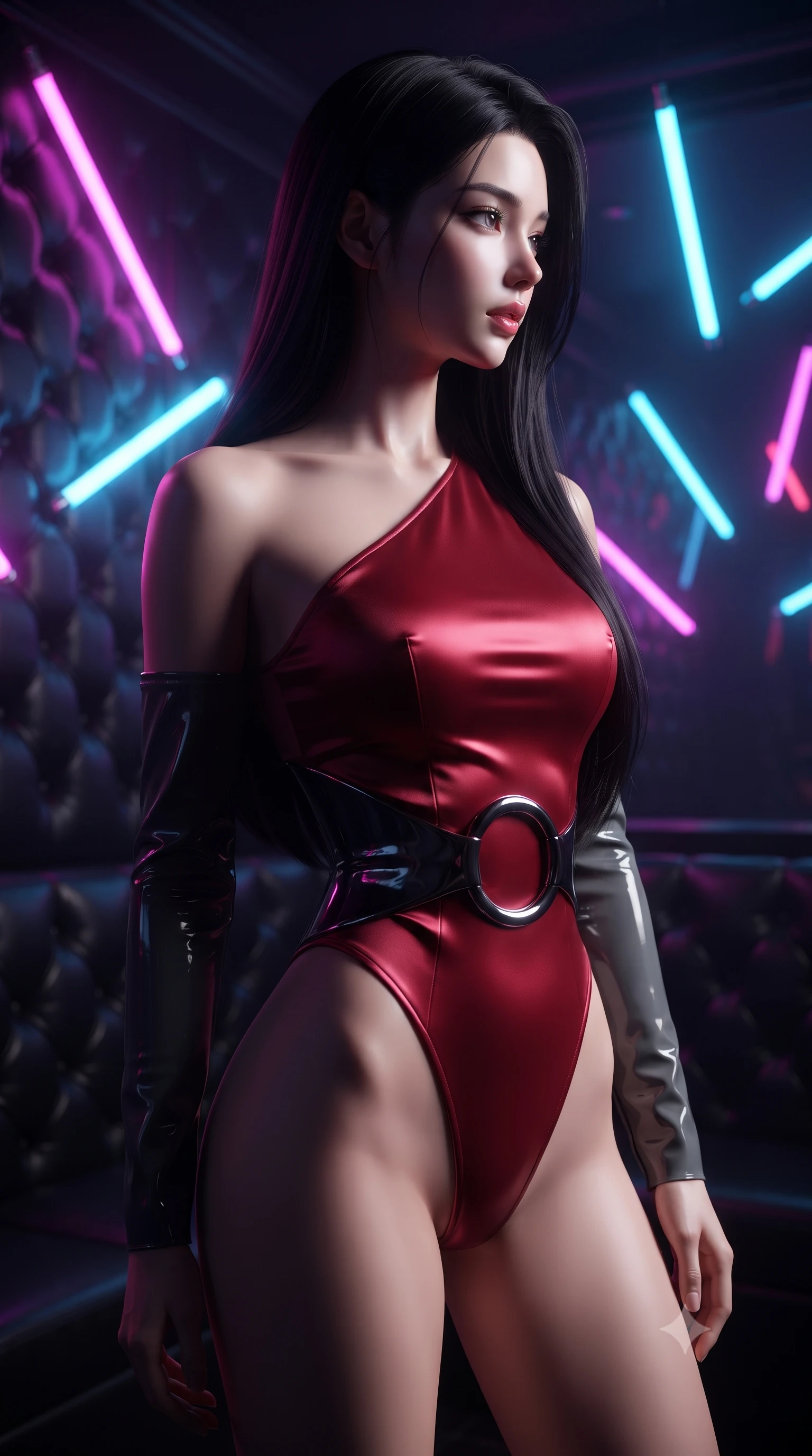 score_9, masterpiece, best quality, ultra-detailed, high-budget anime keyframe, editorial fashion photography, tasteful artistic composition, Korean woman. close-up cowboy shot from the waist and thighs up, the character dominates the composition, filling the frame with her large presence, background elements kept in soft focus. Turning her face in sharp dramatic profile against the key light, navigating a dark leather-walled VIP room filled with floating neon light tubes, chic urban cyberpunk allure with intense visual presence. She has an exceptionally elegant, slender, and willowy female figure with an ultra-slim waist, a gracefully sculpted slender torso, and a refined silhouette. sharp v-shaped jawline, high-bridge nose, intricate jewel-like eyes with depth, thick eyelashes, glossy lips with a natural sheen. wearing asymmetric high-cut cyber-bodysuit with detached sleeves in onyx black in dark charcoal gray, made of soft crimson satin, accented with sculpted obsidian chrome rings at the waist, highlighting her statuesque proportions and ultra-slim waistline. surrounded by a moody neon glow with sharp edge highlights on dark vinyl. ultra-reflective glossy finish, specular highlights, metallic sheen, high-contrast stereoscopic depth, volumetric dynamic lighting, 2k, ultra detail, master piece, 9:16 ratio