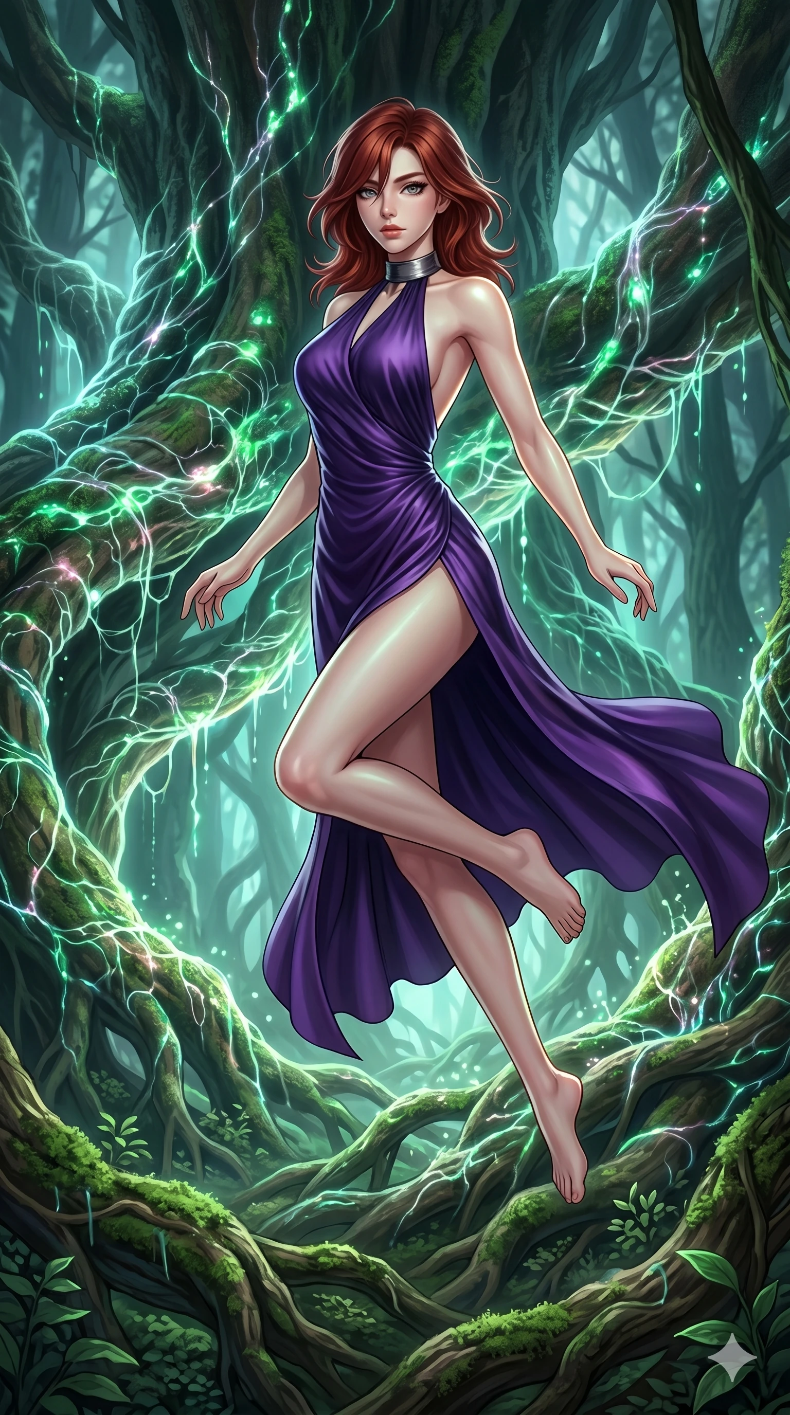 score_9, masterpiece, best quality, ultra-detailed, high-budget anime keyframe, Korean woman. upper body close-up from the thighs up, character filling the screen for maximum presence. jumping amidst giant ancient tree roots wrapped in trillions of glowing mycelium threads pulsing with emerald and opal light. She has an absolutely perfect 8-heads proportion, an exceptionally tall and slender female figure with impossibly long slender legs and an ultra-slim waist. V-shaped jawline, high-bridge nose, intricate jewel-like eyes with depth, thick eyelashes, glossy lips with a natural sheen.. wearing a gothic liquid silk gown, featuring a deep purple liquid silk maxi gown draped around her, secured by a metallic choker collar, with a high side slit. lit by a soft glowing ambient light and a sharp side key light that traces the sleek contours of her athletic build. 2k, ultra detail, master piece, 9:16 ratio