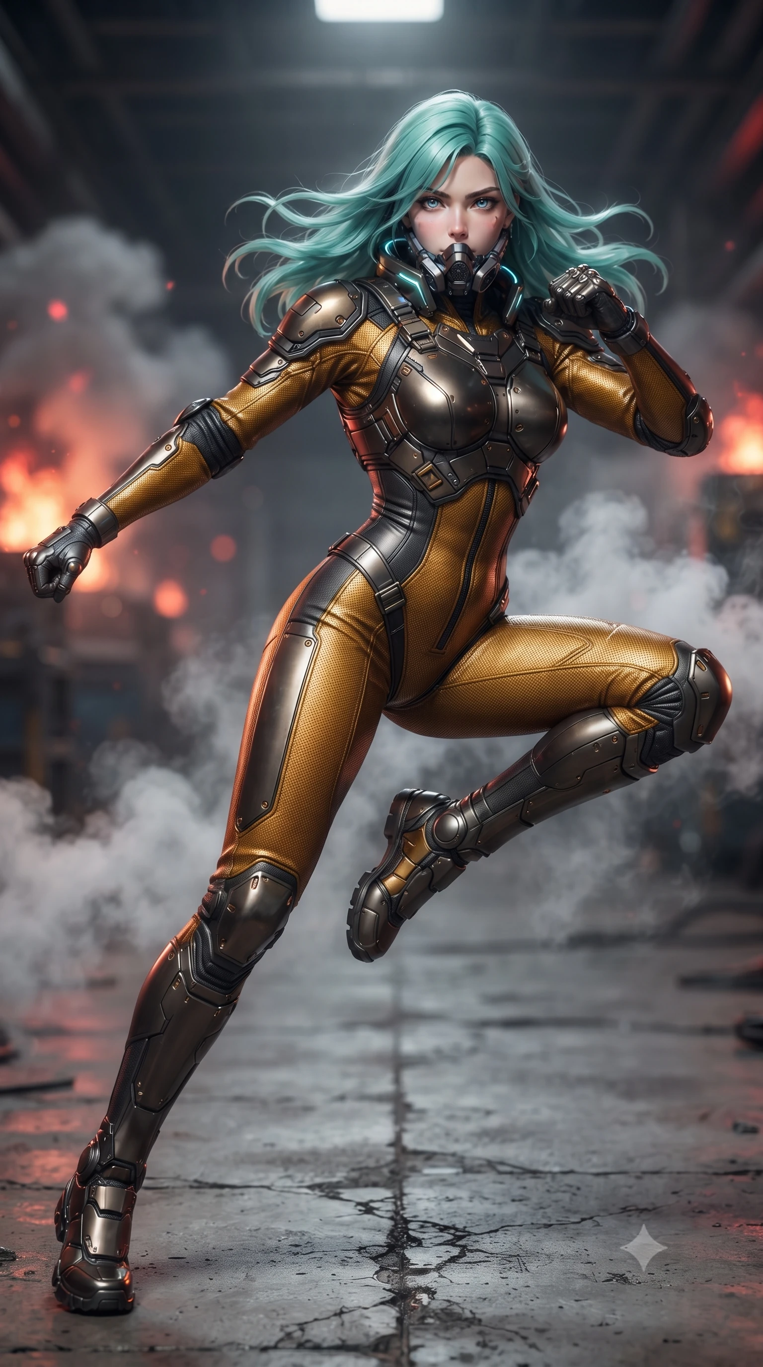 score_9, masterpiece, best quality, ultra-detailed, high-budget anime keyframe, editorial fashion photography, tasteful artistic composition, Japanese woman. low angle full-body shot from head to toe showing her feet, filling the entire 9:16 vertical frame with her statuesque presence, stretching her vertical silhouette. pivoting dynamically in a high-speed low sweep kick along the cracked concrete, her athletic torso and ultra-slim waist twisting in a fluid arc of power while pivoting dynamically through escaping coolant steam as her heavy carbon shoulder guards smash through steel barricades. The composition keeps background elements in soft focus with creamy bokeh. pulsing red hazard beacons and drifting industrial steam plumes blurred into fiery crimson, amber, and charcoal bokeh. She has an absolutely perfect, statuesque 8.5-heads proportion, an exceptionally tall and slender model-like female figure with impossibly long slender legs, a toned flat midriff, and an ultra-slim waist. sharp v-shaped jawline, high-bridge nose, intricate jewel-like eyes with depth, thick eyelashes, glossy lips with a natural sheen, fierce and resolute heroine expression, flawlessly proportioned anatomical accuracy, strict slender model proportions, natural body alignment, perfectly sculpted long slender limbs, ultra-slim waistline, clean dynamic posture without body distortion. wearing a sleek titanium half-face combat rebreather guard protecting her lower jaw while leaving her expressive eyes and long hair flowing freely, paired with a tailored tactical combat jumpsuit with an open-back harness design, reinforced composite breastplate, and high-mobility elbow dampers in molten amber-gold carbon cuirass with dark gunmetal weave, made of liquid carbon-jersey fabric accentuating every curve of her tall, slender model proportions, featuring a sleek aerodynamic collar framed by subtle glowing cybernetic status LEDs, the liquid-tight tailored fabric emphasizing every curve of her tall, slender model proportions and sculptured silhouette during dynamic movement. surrounded by an unstoppable, royal, and fiercely triumphant lone survivor empress aura. ultra-reflective glossy finish, specular highlights, dark metallic sheen, high-contrast stereoscopic depth, volumetric dynamic lighting, 2k, ultra detail, master piece, 9:16 ratio