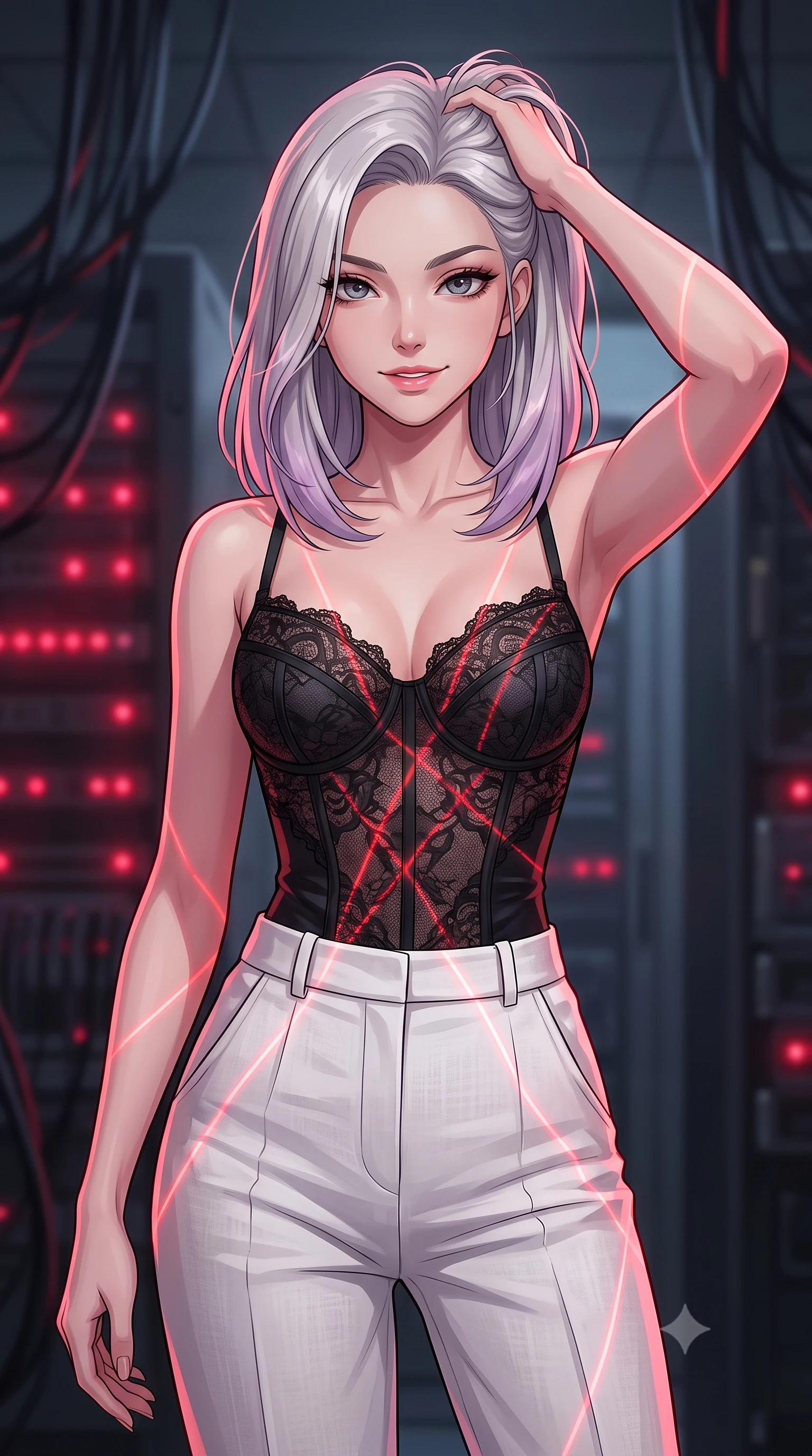 score_9, masterpiece, best quality, ultra-detailed, high-budget anime keyframe, tasteful artistic composition, Caucasian woman. close-up cowboy shot from the waist and thighs up, the character dominates the composition, filling the frame with her large presence, background elements kept in soft focus. smiling with quiet, magnetic self-assurance directly into the camera, running a hand through her hair the background shows a soft-focus an abandoned server room with blinking crimson indicator lights and hanging cable bundles. She has an exceptionally elegant, slender, and willowy female figure with an ultra-slim waist, a gracefully sculpted slender torso, and a refined silhouette. sharp v-shaped jawline, high-bridge nose, intricate jewel-like eyes with depth, thick eyelashes, glossy lips with a natural sheen. wearing a slim-fit delicate lace corset top in black silk, paired with high-waisted white linen trousers. low-key red laser lines casting dynamic geometric patterns on her figure. highly saturated vibrant anime colors, cel-shading, 2d style, master piece, 9:16 ratio