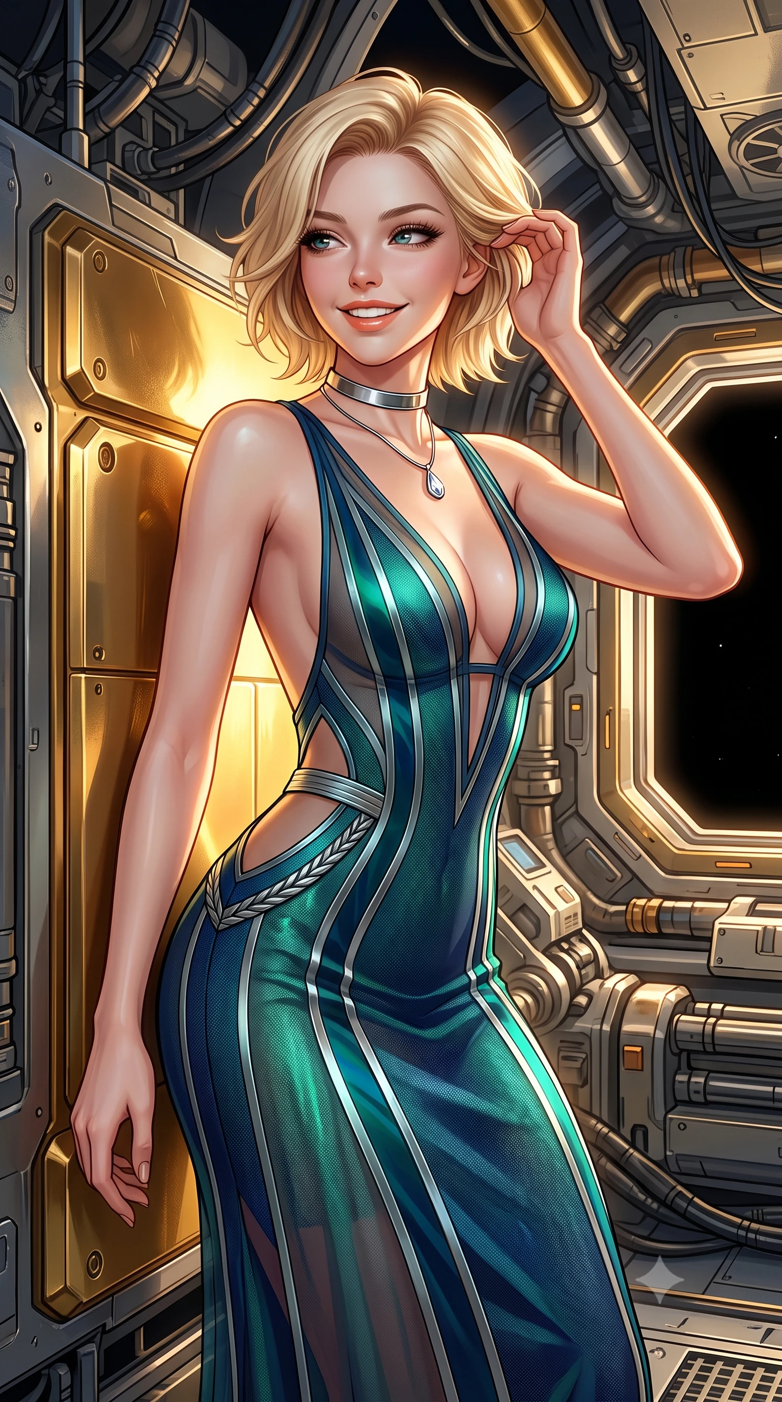 score_9, masterpiece, best quality, ultra-detailed, high-budget anime keyframe, semi-realistic 3D game render, editorial fashion photography, tasteful artistic composition, Caucasian woman. close-up cowboy shot from the waist and thighs up, the character dominates the composition, filling the frame with her large presence. gently brushing a lock of hair behind her ear while casting a playful, flirtatious side-gaze with long eyelashes while leaning against the gold-plated radiation shield with hips cocked back, looking through laser-pumped plasma conduits into the pitch-black void with smoldering bedroom-eyes. The surrounding environment is rendered in vivid detail and crisp panoramic clarity: detailed anime combat uniform tailoring, metallic rank braids, and extreme-solar outpost engineering in high resolution. She has an exceptionally elegant, slender, and willowy female figure with an ultra-slim waist, flat toned midriff, narrow ribcage, and sculpted feminine hips creating an alluring, slim hourglass silhouette without bulk. sharp v-shaped jawline, high-bridge nose, intricate jewel-like sparkling eyes with depth, thick eyelashes, glossy parted lips with a natural peach sheen, bright cheerful beaming smile with an enchanting and coquettish sensual glint, exuding both youthful cute charm and seductive allure, flawlessly proportioned anatomical accuracy, strict slender model proportions, natural body alignment, perfectly sculpted long slender limbs, ultra-slim waistline, clean dynamic posture without body distortion. wearing a plunge-front sheer illusion tulle combat slip dress with liquid platinum ribbon stripes hugging her curves in bioluminescent emerald and abyssal sapphire, tailored from high-density tech-wool with subtle metallic thread weave, finished with a minimalist chrome choker and a single teardrop diamond pendant, the precision-cut side openings and low-back scoop framing her graceful spine and the sensual sweep of her slim, toned hips. illuminated by gold mirror reflection bounce and sharp solar-gold rim lights sculpting her jawline, narrow waist, and curvy hips. highly saturated vibrant anime colors, detailed shading with soft gradients, rich glossy textures, high-contrast stereoscopic depth, volumetric dynamic lighting, master piece, 9:16 ratio