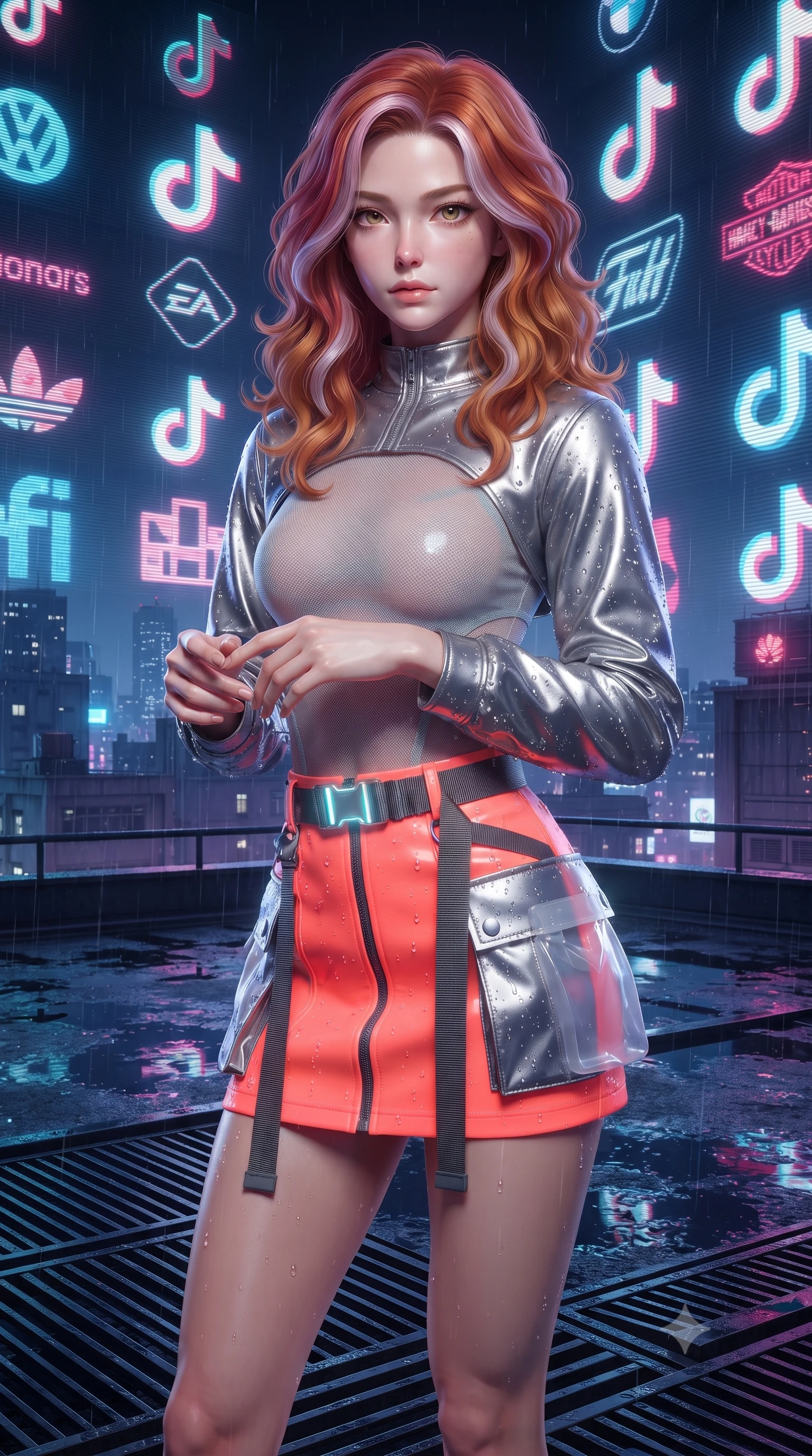 score_9, masterpiece, best quality, ultra-detailed, high-budget anime keyframe, editorial fashion photography, tasteful artistic composition, Caucasian woman. close-up cowboy shot from the waist and thighs up, the character dominates the composition, filling the frame with her large presence. holding her hands loosely in front with regal, aristocratic poise, radiating an overwhelming high-society aura while pivoting with energetic street-dance momentum as giant holographic animated logos flash across the night sky behind her. The surrounding environment is rendered in vivid detail and crisp panoramic clarity. sharp holographic projection scanlines, rain droplets beaded on metallic cargo pants, and rooftop grating in deep focus. She has an exceptionally elegant, slender, and willowy female figure with an ultra-slim waist, a gracefully sculpted slender torso, toned flat midriff, and a refined slim silhouette. sharp v-shaped jawline, high-bridge nose, intricate jewel-like eyes with depth, thick eyelashes, glossy lips with a natural sheen, captivating and magnetic expression, flawlessly proportioned anatomical accuracy, strict slender model proportions, natural body alignment, perfectly sculpted long slender limbs, ultra-slim waistline, clean dynamic posture without body distortion. wearing a futuristic sheer mesh bodysuit layered under a metallic silver shrug bolero and micro cargo skirt in blazing neon coral and graphite grey, crafted from flexible reflective spandex and tactical webbing, complemented by a neon LED belt buckle and translucent vinyl holster, the breezy yet form-flattering drape swaying gracefully with her steps, accentuating her long willowy limbs and slim waistline. surrounded by a vibrant, fearless, and passionately energetic Y2K party queen aura. ultra-reflective glossy finish, specular highlights, rich textural contrasts, high-contrast stereoscopic depth, volumetric dynamic lighting, 2k, ultra detail, master piece, 9:16 ratio