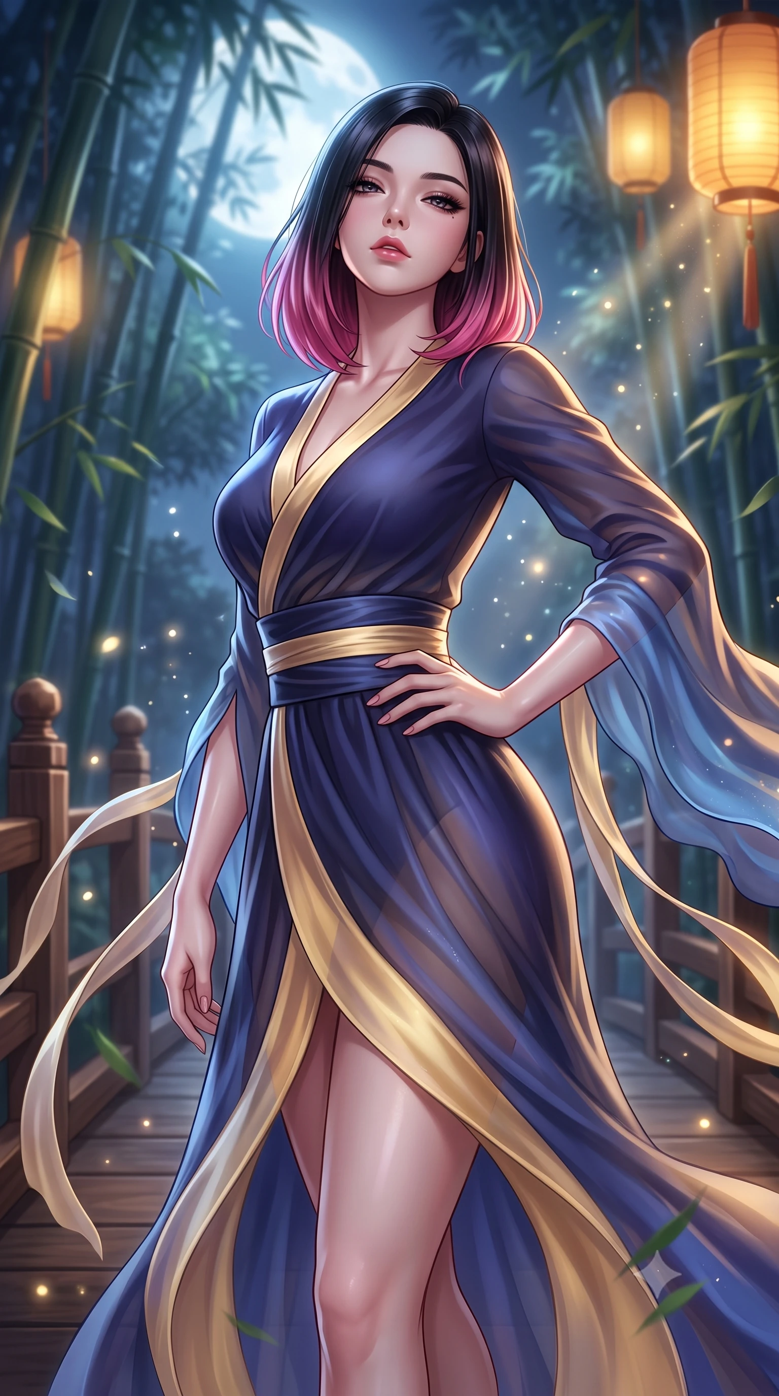 score_9, masterpiece, best quality, ultra-detailed, high-budget anime keyframe, semi-realistic 3D game render, editorial fashion photography, tasteful artistic composition, Korean woman. close-up cowboy shot from the waist and thighs up, the character dominates the composition, filling the frame with her large presence. tilting her chin up with proud, sovereign allure while gazing through thick eyelashes, one hand resting on her waist in pure supermodel charisma while standing poised on the wooden bridge terrace, twisting her upper body in an alluring S-curve as night wind rustles through the bamboo canopy. The composition keeps background elements in soft focus with creamy bokeh. drifting bamboo leaves and glowing lantern light rays scattering soft luminous light motes. She has an exceptionally elegant, slender, and willowy female figure with an ultra-slim waist, a gracefully sculpted slender torso, toned flat midriff, and rounded feminine hips creating an alluring hourglass silhouette. sharp v-shaped jawline, high-bridge nose, intricate jewel-like eyes with depth, thick eyelashes, glossy parted lips with a natural sheen, intensely captivating and seductive bedroom-eyes expression, flawlessly proportioned anatomical accuracy, strict slender model proportions, natural body alignment, perfectly sculpted long slender limbs, ultra-slim waistline, clean dynamic posture without body distortion. wearing a traditional-modern silk fusion wrap dress with asymmetric trailing sleeves and waist-cinching obi in midnight indigo and glowing starlight gold, woven from sheer cascading chiffon that ripples like water, finished with long flowing silk arm ribbons that float weightlessly in the night breeze, the second-skin form-contouring cut accentuating her sculpted flat midriff, narrow waistline, and dramatically curvy hips without adding bulk. bathed in cool silver full-moon light streaming through the bamboo canopy and warm amber lantern downlights. highly saturated vibrant anime colors, detailed shading with soft gradients, rich glossy textures, high-contrast stereoscopic depth, volumetric dynamic lighting, master piece, 9:16 ratio