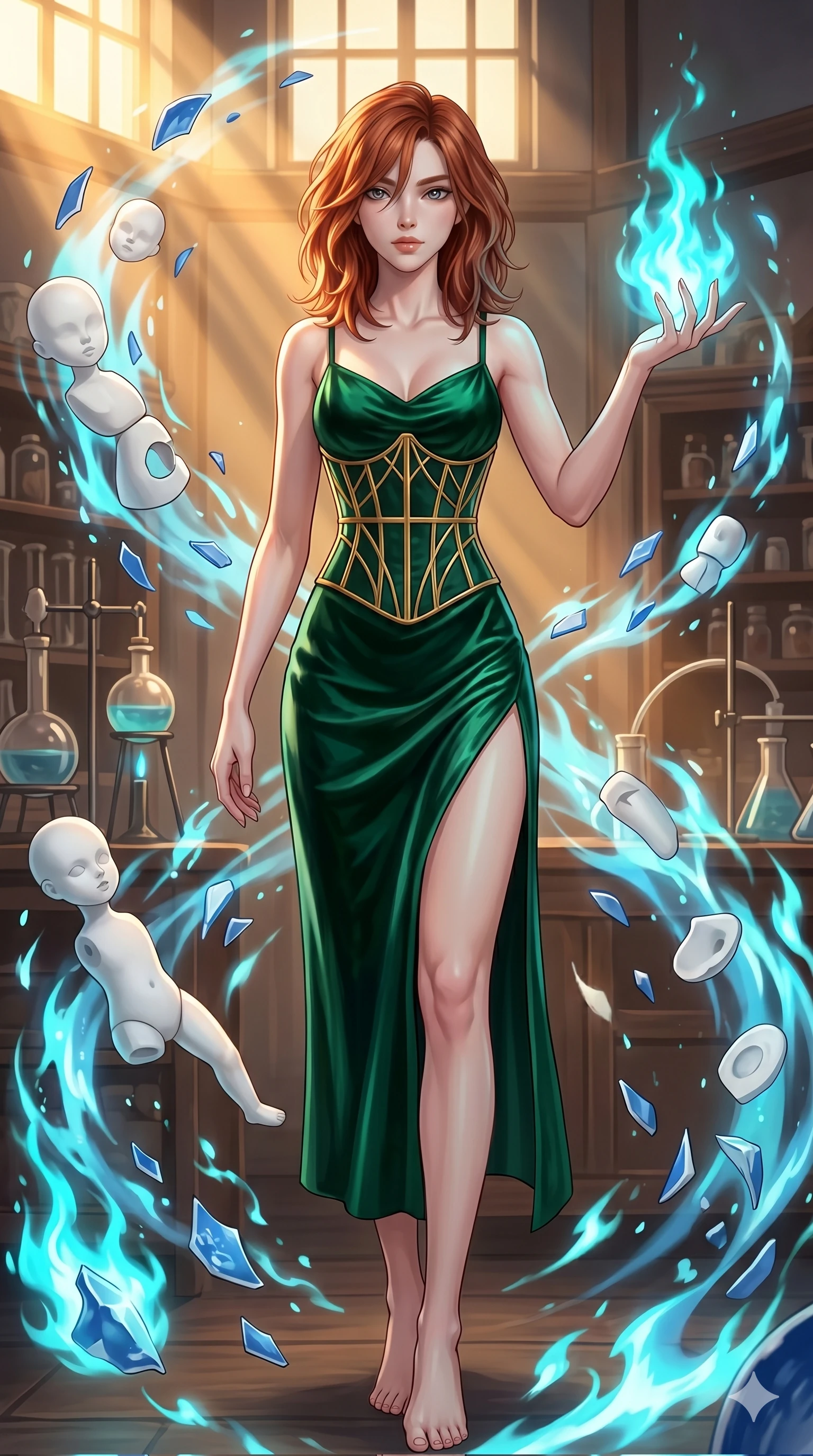 score_9, masterpiece, best quality, ultra-detailed, high-budget anime keyframe, Japanese woman. low angle full-body shot filling the entire 9:16 frame with her statuesque presence, stretching the vertical silhouette. assisting in an alchemical porcelain workshop where floating white bisque doll parts and blue porcelain shards swirl amidst blue alchemical flames. She has an absolutely perfect 8-heads proportion, an exceptionally tall and slender female figure with impossibly long slender legs and an ultra-slim waist. V-shaped jawline, high-bridge nose, intricate jewel-like eyes with depth, thick eyelashes, glossy lips with a natural sheen.. wearing a mathematical gold wire cage corset and an emerald green silk velvet slip dress with a thigh-high side slit. showcasing a beautiful play of light and shadow, with warm golden rays clashing against cool cyan highlights. 2k, ultra detail, master piece, 9:16 ratio