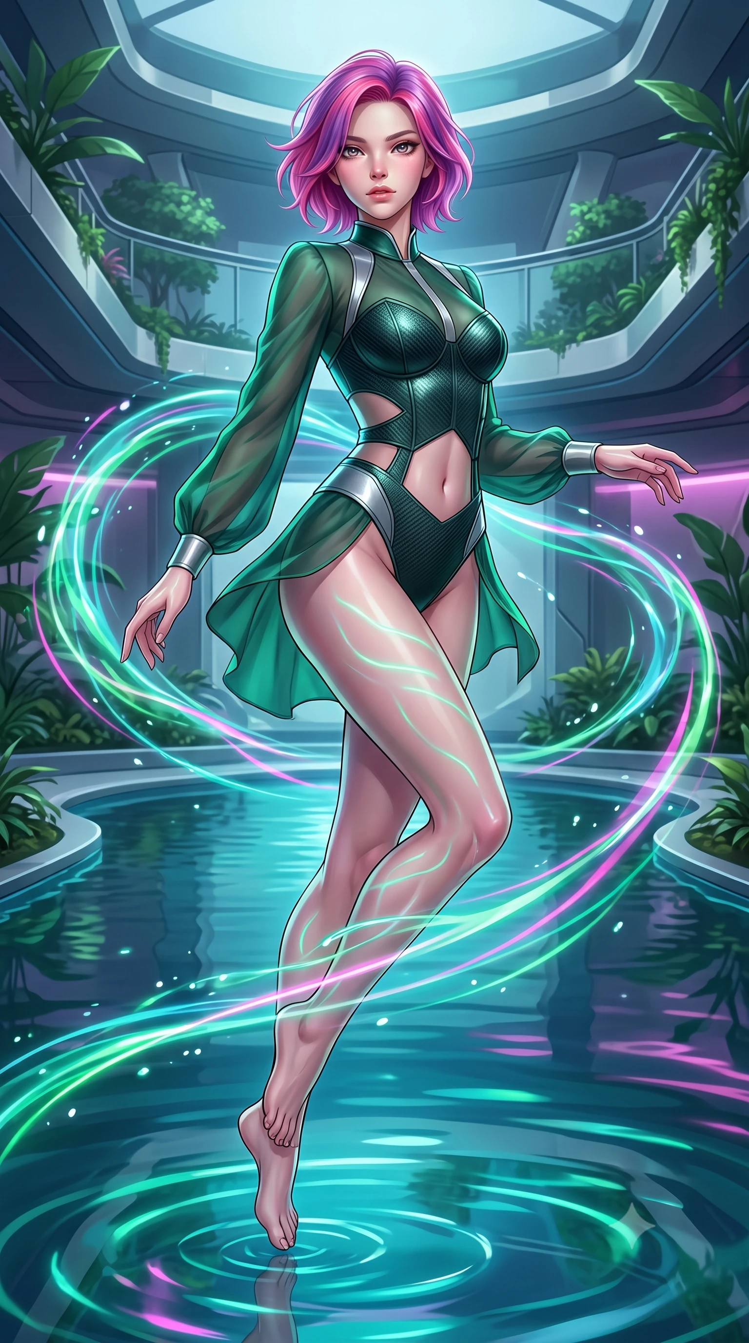 score_9, masterpiece, best quality, ultra-detailed, high-budget anime keyframe, editorial fashion photography, tasteful artistic composition, Caucasian woman. low angle full-body shot from head to toe showing her feet, filling the entire 9:16 vertical frame with her statuesque presence, stretching her vertical silhouette. pivoting dynamically in zero-gravity with fluid body alignment, displaying her perfect model proportions while gliding dynamically over a mirror-like lagoon floor as neon ripples dance across her form, fluorescent water currents swirling smoothly around her slender limbs. She has an absolutely perfect, statuesque 8.5-heads proportion, an exceptionally tall and slender model-like female figure with impossibly long slender legs and an ultra-slim waist. sharp v-shaped jawline, high-bridge nose, intricate jewel-like eyes with depth, thick eyelashes, glossy lips with a natural sheen, flawlessly proportioned anatomical accuracy, natural body alignment, perfectly sculpted elegant limbs, clean dynamic posture without body distortion. wearing a tailored leather bustier over a sheer silk chiffon blouse in deep emerald green and silver accent, made of fine carbon-fiber weave and soft matte leather, featuring subtle geometric cutouts that highlight her ultra-slim midriff, the sleek second-skin texture accentuating her magnetic presence. surrounded by a shimmering ocean aura with bright specular rim lights. highly saturated vibrant anime colors, detailed shading with soft gradients, rich glossy textures, high-contrast stereoscopic depth, volumetric dynamic lighting, master piece, 9:16 ratio