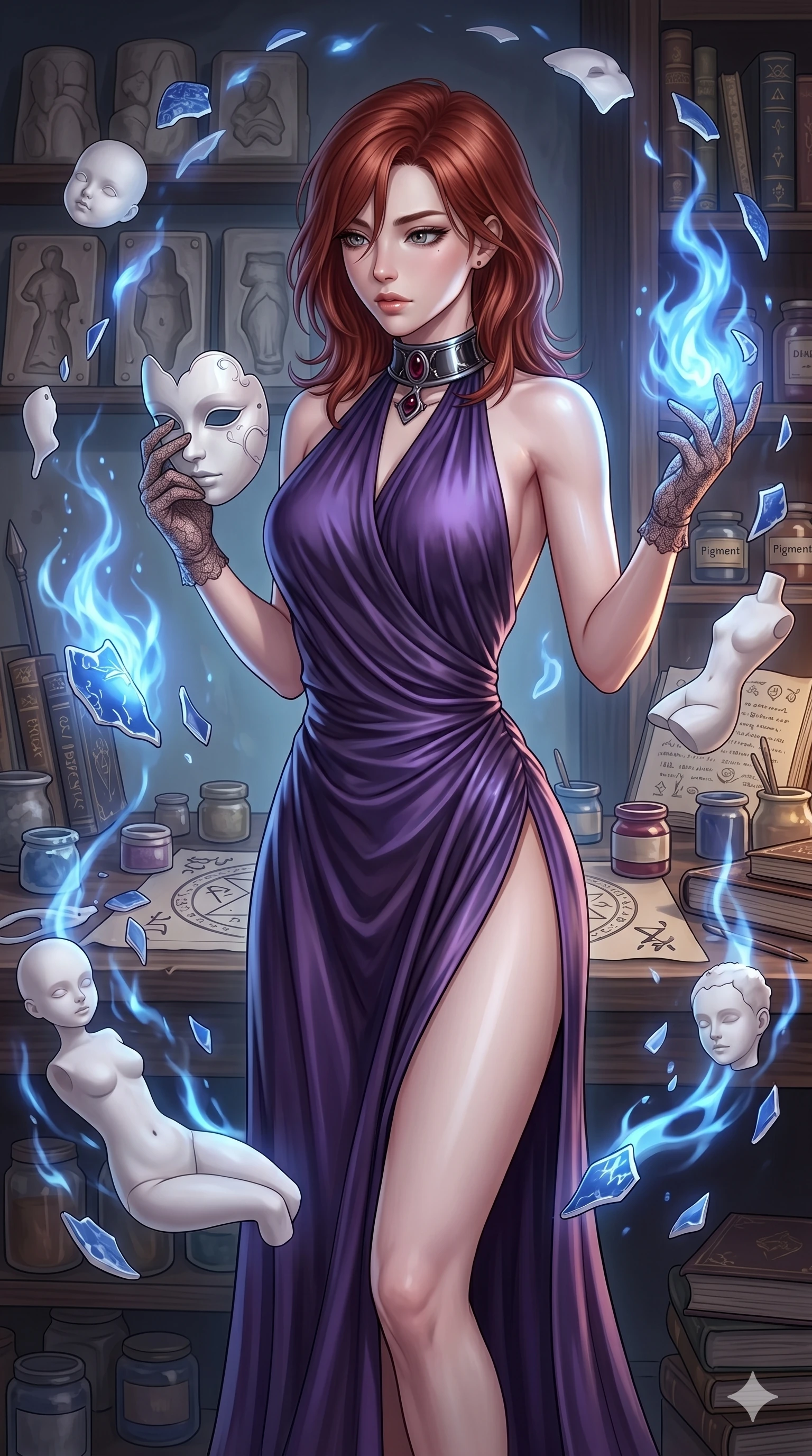 score_9, masterpiece, best quality, ultra-detailed, high-budget anime keyframe, Korean woman. upper body close-up from the thighs up, character filling the screen for maximum presence. assisting in an alchemical porcelain workshop where floating white bisque doll parts and blue porcelain shards swirl amidst blue alchemical flames. She has an absolutely perfect 8-heads proportion, an exceptionally tall and slender female figure with impossibly long slender legs and an ultra-slim waist. V-shaped jawline, high-bridge nose, intricate jewel-like eyes with depth, thick eyelashes, glossy lips with a natural sheen.. wearing a gothic liquid silk gown, featuring a deep purple liquid silk maxi gown draped around her, secured by a metallic choker collar, with a high side slit. lit by a soft glowing ambient light and a sharp side key light that traces the sleek contours of her athletic build. 2k, ultra detail, master piece, 9:16 ratio
