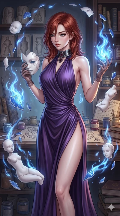 score_9, masterpiece, best quality, ultra-detailed, high-budget anime keyframe, Korean woman. upper body close-up from the thighs up, character filling the screen for maximum presence. assisting in an alchemical porcelain workshop where floating whit
