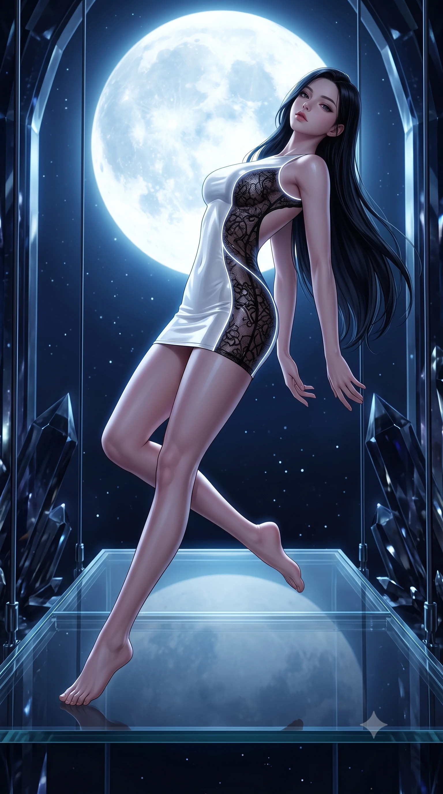 score_9, masterpiece, best quality, ultra-detailed, high-budget anime keyframe, semi-realistic 3D game render, editorial fashion photography, tasteful artistic composition, Korean woman. low angle full-body shot from head to toe showing her feet, filling the entire 9:16 vertical frame with her statuesque presence, stretching her vertical silhouette. arching her back in a fluid zero-gravity turn with sovereign grace, her long slender legs and sculpted torso creating a sweeping line while stretching forward with an alluring S-curve silhouette on a glass platform beneath a giant glowing moon. The surrounding environment is rendered in vivid detail and crisp panoramic clarity. deep nocturnal chiaroscuro and sacred crystal sanctuary architecture rendered with precision. She has an absolutely perfect, statuesque 8.5-heads proportion, an exceptionally tall and slender model-like female figure with impossibly long slender legs, a toned flat midriff, and an ultra-slim waist. sharp v-shaped jawline, high-bridge nose, intricate jewel-like eyes with depth, thick eyelashes, glossy lips with a natural sheen, flawlessly proportioned anatomical accuracy, strict slender model proportions, natural body alignment, perfectly sculpted long slender limbs, ultra-slim waistline, clean dynamic posture without body distortion. wearing a second-skin fashion-latex mini dress with a clean architectural front, featuring an open-back design that wraps around the sides of her waist, showcasing her slender silhouette in high-gloss monochrome white and sharp black contrast, crafted from delicate dark lace interwoven with luminescent micro-fibers, accented with glowing fiber-optic seams tracing her collarbones and hip curves, the sleek second-skin cut tightly hugging her graceful clavicle, narrow waist, and feminine curves with athletic precision. illuminated by soft glowing starlight fill and crisp specular highlights tracing her slender curves. highly saturated vibrant anime colors, detailed shading with soft gradients, rich glossy textures, high-contrast stereoscopic depth, volumetric dynamic lighting, master piece, 9:16 ratio