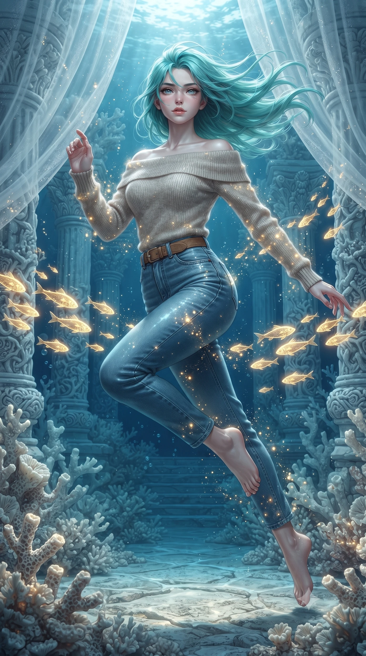 score_9, masterpiece, best quality, ultra-detailed, high-budget anime keyframe, editorial fashion photography, tasteful artistic composition, realistic cosplay photography, Japanese woman. low angle full-body shot from head to toe showing her feet, filling the entire 9:16 vertical frame with her statuesque presence, stretching her vertical silhouette. leaping dynamically high in the air while slicing forward with wind-whipped hair through an underwater temple built of fossilized white coral, where glowing golden light-fish swim in schools between stone pillars. She has a statuesque 8.5-heads proportion, an exceptionally tall, slender and willowy model-like build with impossibly long legs and a highly sculpted ultra-slim waist. sharp v-shaped jawline, high-bridge nose, intricate jewel-like eyes with depth, thick eyelashes, glossy lips with a natural sheen. wearing catching and diffusing the glowing particles, shimmering softly in response to the surrounding light, a slim-fit oatmeal cashmere off-shoulder knit sweater layered over high-waisted raw blue denim and a camel suede belt. cold silver moonlight filtered through translucent gossamer curtains casting delicate shadows. ultra-reflective glossy finish, specular highlights, metallic sheen, high-contrast stereoscopic depth, volumetric dynamic lighting, 2k, ultra detail, master piece, 9:16 ratio