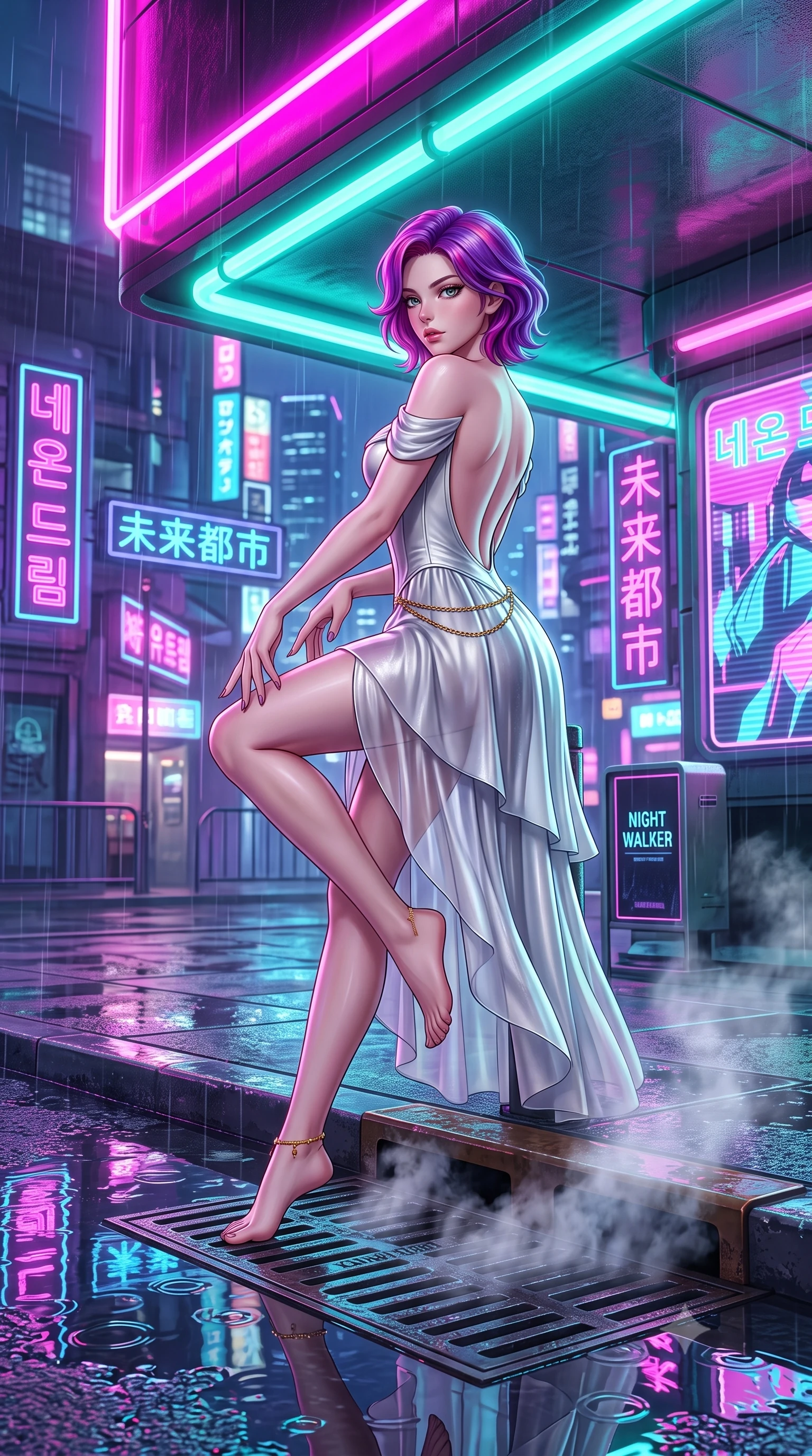 score_9, masterpiece, best quality, ultra-detailed, high-budget anime keyframe, semi-realistic 3D game render, editorial fashion photography, tasteful artistic composition, Caucasian woman. low angle full-body shot from head to toe showing her feet, filling the entire 9:16 vertical frame with her statuesque presence, stretching her vertical silhouette. sitting perched on the elevated edge with hips angled toward the camera and legs crossed, displaying her toned midriff and flawlessly sculpted slender limbs while standing poised under a glowing neon overhang, twisting her upper body in an alluring S-curve as steam escapes from iron street grates into the rain. The surrounding environment is rendered in vivid detail and crisp panoramic clarity. sharp reflective rain puddle textures, neon sign glass filament clarity, and street grate grill patterns in deep focus. She has an exceptionally tall and slender model-like 8.5-heads proportion, an ultra-slim waist, a flat toned midriff, narrow delicate ribcage, and beautifully sculpted feminine hips creating a graceful, slim hourglass silhouette without any bulky heaviness, with impossibly long slender legs. sharp v-shaped jawline, high-bridge nose, intricate jewel-like eyes with depth, thick eyelashes, glossy parted lips with a natural sheen, intensely captivating and seductive bedroom-eyes expression, flawlessly proportioned anatomical accuracy, strict slender model proportions, natural body alignment, perfectly sculpted long slender limbs, ultra-slim waistline, clean dynamic posture without body distortion. wearing an off-shoulder French court corset bodice dress paired with a tiered translucent chiffon slit skirt in shimmering silver mercury and pearl white, made of fluid silk crepe with delicate inner corsetry boning, accented with a delicate gold chain belt resting loosely on her curvy hips, the dramatically scooped open back descending to the base of her spine, accentuating her razor-sharp statuesque lines and slim hourglass silhouette. bathed in high-contrast electric magenta and turquoise neon edge lights contrasting with rain-soaked shadow tones. highly saturated vibrant anime colors, detailed shading with soft gradients, rich glossy textures, high-contrast stereoscopic depth, volumetric dynamic lighting, master piece, 9:16 ratio