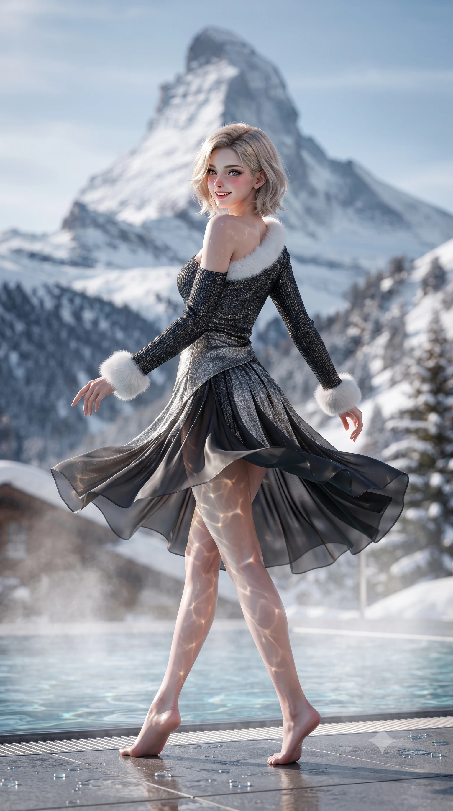 score_9, masterpiece, best quality, ultra-detailed, high-budget anime keyframe, editorial fashion photography, tasteful artistic composition, Caucasian woman. low angle full-body shot from head to toe showing her feet, filling the entire 9:16 vertical frame with her statuesque presence, stretching her vertical silhouette. executing a cheerful mid-motion pivot turn as her winter skirt flutters around her slender legs, glancing over her shoulder with an intoxicating, teasing bedroom-gaze while twisting her slender torso in an alluring contrapposto stance beside the thermal water, snow crystals and water caustics highlighting her narrow waist and curvy hips. The composition keeps background elements in soft focus with dreamy creamy bokeh. the colossal jagged pyramid of the snow-covered Matterhorn and pine slopes blurred into icy sapphire, platinum, and rose-gold bokeh. She has an exceptionally tall and slender model-like 8.5-heads proportion, an ultra-slim waist, a flat toned midriff, narrow delicate ribcage, and beautifully sculpted feminine hips creating a graceful, slim hourglass silhouette without any bulky heaviness, with impossibly long slender legs. sharp v-shaped jawline, high-bridge nose, sparkling ice-crystal eyes with depth, frosty thick lashes, glossy parted lips with a rosy berry sheen, bright playful smile with an intoxicating seductive glint, rosy flushed cheeks radiating cozy warmth and dangerous allure, flawlessly proportioned anatomical accuracy, strict slender model proportions, natural body alignment, perfectly sculpted long slender limbs, ultra-slim waistline, clean dynamic posture without body distortion. wearing an asymmetrical one-shoulder metallic knit dress hugging her narrow waist and rounded hips in dark obsidian black and gleaming platinum, woven from layered gossamer chiffon with ethereal weightless flutter, finished with plush white faux-fur edging along the cuffs and collar, the form-contouring cut accentuating her sculpted flat midriff, narrow delicate ribcage, and gracefully curvy hips with alpine supermodel elegance. illuminated by steaming pool water caustics and sharp platinum rim lights carving her razor-sharp jawline, narrow waist, and curvy hips. ultra-reflective glossy finish, specular highlights, rich textural contrasts, high-contrast stereoscopic depth, volumetric dynamic lighting, 2k, ultra detail, master piece, 9:16 ratio