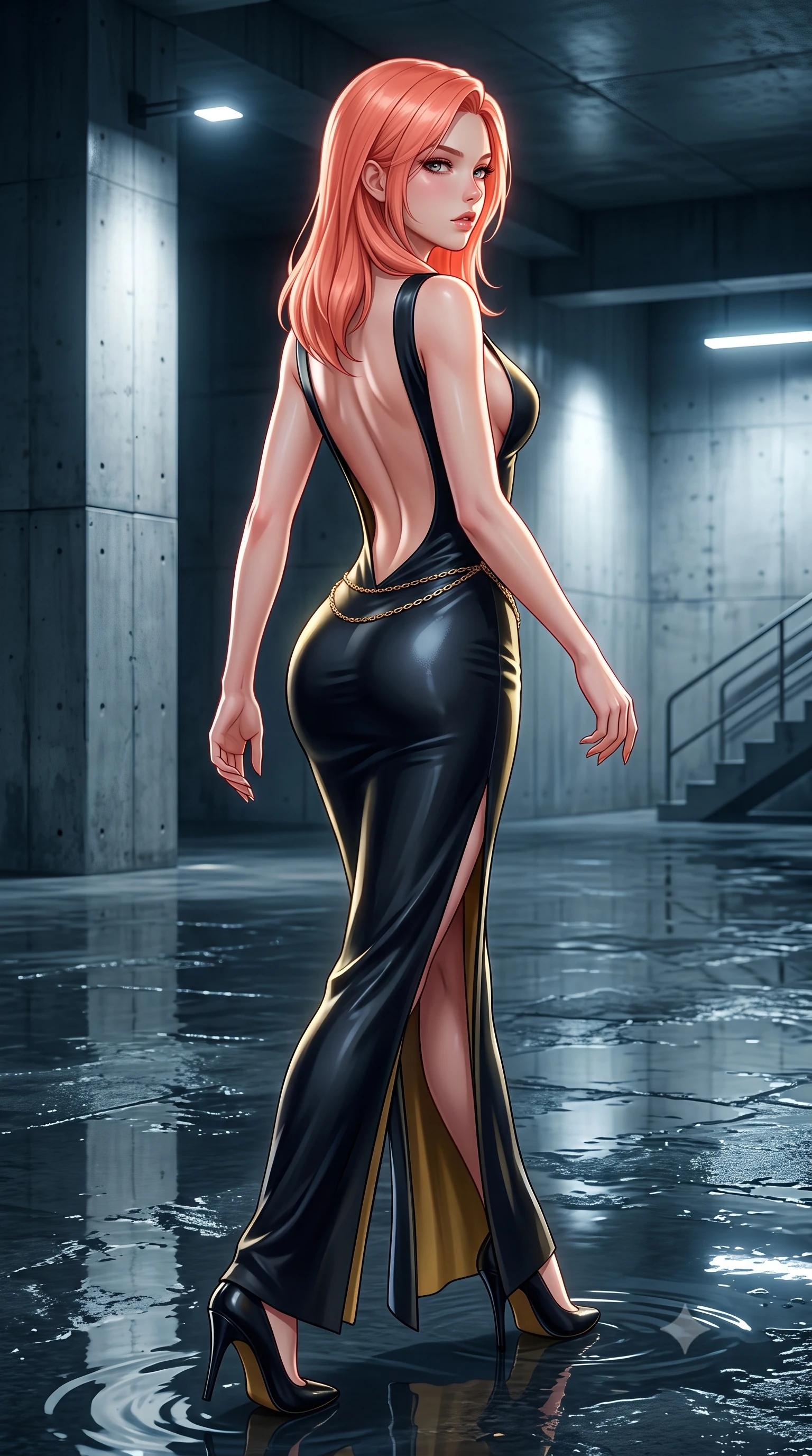 score_9, masterpiece, best quality, ultra-detailed, high-budget anime keyframe, semi-realistic 3D game render, editorial fashion photography, tasteful artistic composition, Japanese woman. close-up cowboy shot from the waist and thighs up, the character dominates the composition, filling the frame with her large presence. twisting her slender torso in a deep contrapposto stance, hips dramatically shifted to accentuate her feminine curves while looking past her shoulder with smoldering bedroom-eyes while striding across the reflective wet subterranean floor, her aerodynamic liquid-finish gown clinging to her narrow waist and long slender legs. The surrounding environment is rendered in vivid detail and crisp panoramic clarity. sharp raw concrete formwork seams, water puddle surface caustics, and distant service stairway railings in deep focus. She has an exceptionally elegant, slender, and willowy female figure with an ultra-slim waist, flat toned midriff, narrow ribcage, and sculpted feminine hips creating an alluring, slim hourglass silhouette without bulk. sharp v-shaped jawline, high-bridge nose, intricate jewel-like eyes with depth, thick eyelashes, glossy parted lips with a natural sheen, intensely captivating and seductive bedroom-eyes expression, flawlessly proportioned anatomical accuracy, strict slender model proportions, natural body alignment, perfectly sculpted long slender limbs, ultra-slim waistline, clean dynamic posture without body distortion. wearing a plunging-V neckline duchess satin gown with high side slits ascending to the high hip in midnight obsidian black and liquid gold, tailored from water-resistant treated wool gabardine and flexible stretch silk, accented with a delicate gold chain belt resting loosely on her curvy hips, the dramatically scooped open back descending to the base of her spine, accentuating her razor-sharp statuesque lines and slim hourglass silhouette. bathed in dramatic architectural floodlights beaming down between giant pillars creating high-contrast chiaroscuro. highly saturated vibrant anime colors, detailed shading with soft gradients, rich glossy textures, high-contrast stereoscopic depth, volumetric dynamic lighting, master piece, 9:16 ratio