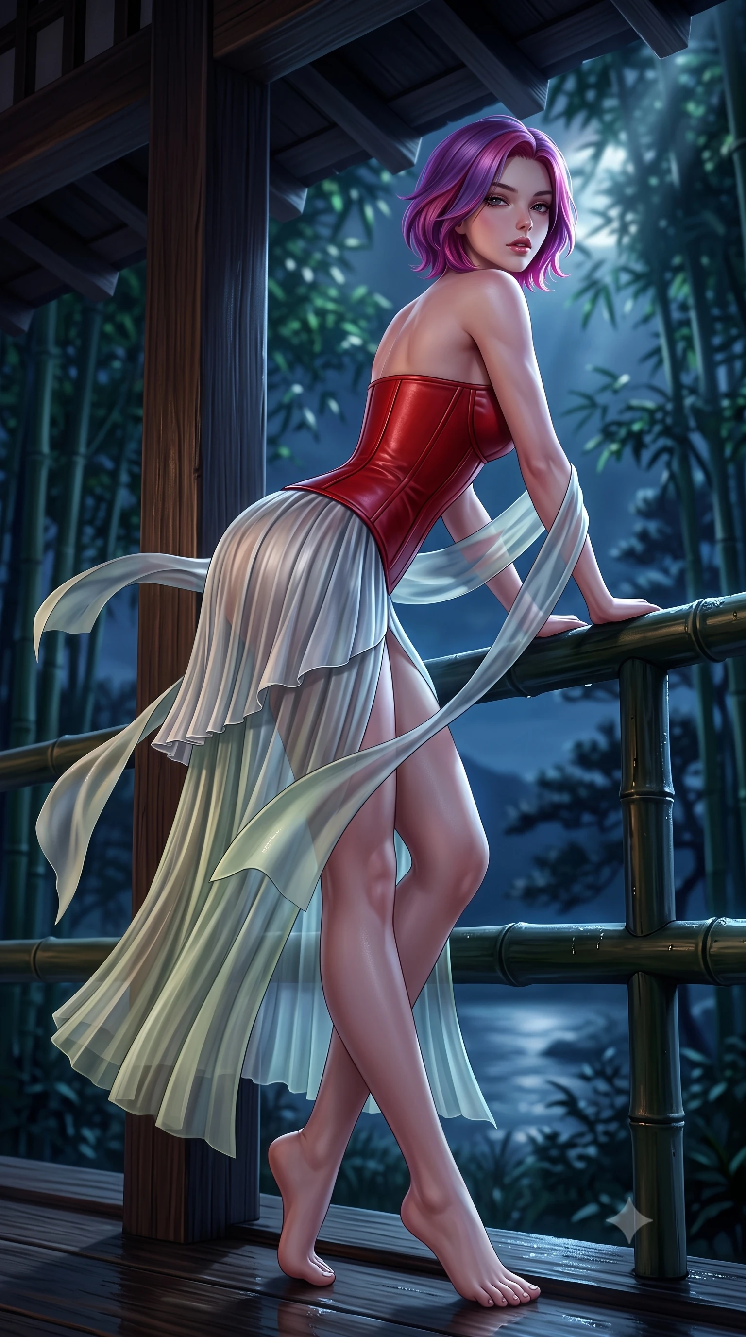 score_9, masterpiece, best quality, ultra-detailed, high-budget anime keyframe, semi-realistic 3D game render, editorial fashion photography, tasteful artistic composition, Caucasian woman. low angle full-body shot from head to toe showing her feet, filling the entire 9:16 vertical frame with her statuesque presence, stretching her vertical silhouette. leaning deep against the structural architecture with hips cocked in an unapologetically bold, seductive high-fashion stance while leaning forward over the dark bamboo veranda railing with lower back arched, looking over her bare shoulder into the moonlit bamboo grove. The composition keeps background elements in soft focus with creamy bokeh. distant Katsura river waters and dark pine silhouettes softened in dreamy nocturnal shallow focus. She has an absolutely perfect, statuesque 8.5-heads proportion, an exceptionally tall and slender model-like female figure with impossibly long slender legs, a toned flat midriff, an ultra-slim waist, and beautifully sculpted feminine hips. sharp v-shaped jawline, high-bridge nose, intricate jewel-like eyes with depth, thick eyelashes, glossy parted lips with a natural sheen, intensely captivating and seductive bedroom-eyes expression, flawlessly proportioned anatomical accuracy, strict slender model proportions, natural body alignment, perfectly sculpted long slender limbs, ultra-slim waistline, clean dynamic posture without body distortion. wearing a sacred shrine maiden couture robe with sheer pleated chiffon skirt and structured scarlet corset top in moonlit silver and pale bamboo green, crafted from supple second-skin lambskin leather with specular wet sheen, finished with long flowing silk arm ribbons that float weightlessly in the night breeze, the form-contouring material adhering flawlessly to her sculpted flat midriff and slender torso, emphasizing her long leg lines and perfectly proportioned willowy build. surrounded by a tranquil, poetic, and deeply sensual Japanese ryokan muse aura. highly saturated vibrant anime colors, detailed shading with soft gradients, rich glossy textures, high-contrast stereoscopic depth, volumetric dynamic lighting, master piece, 9:16 ratio