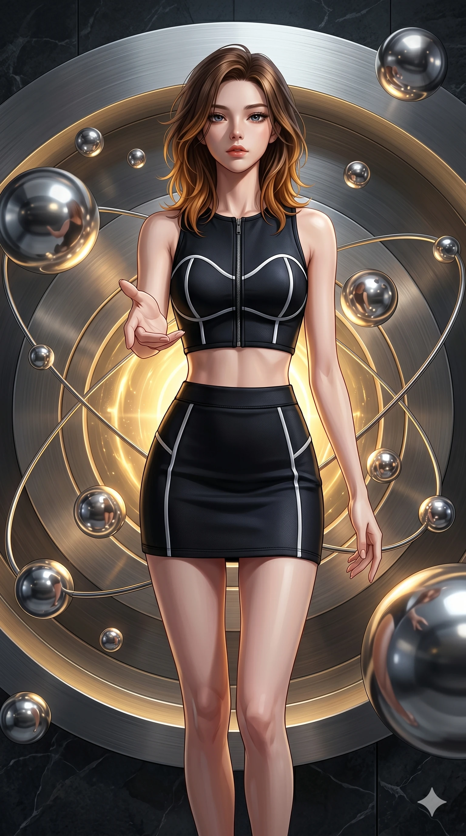 score_9, masterpiece, best quality, ultra-detailed, high-budget anime keyframe, editorial fashion photography, tasteful artistic composition, Korean woman. cowboy shot from the thighs up, character and outfit filling the frame for maximum editorial presence. Reaching one hand toward the viewer with relaxed elegance within a circular vault where metal spheres float and spin around a central light. She has an absolutely perfect 8-heads proportion, an exceptionally tall and slender female figure with impossibly long slender legs and an ultra-slim waist. V-shaped jawline, high-bridge nose, intricate jewel-like eyes with depth, thick eyelashes, glossy lips with a natural sheen. wearing a black neoprene crop top with white piping and a front zip, paired with a matching high-waist neoprene mini skirt. lit by dramatic chiaroscuro with a single golden key light carving her facial contours and figure. 2k, ultra detail, master piece, 9:16 ratio
