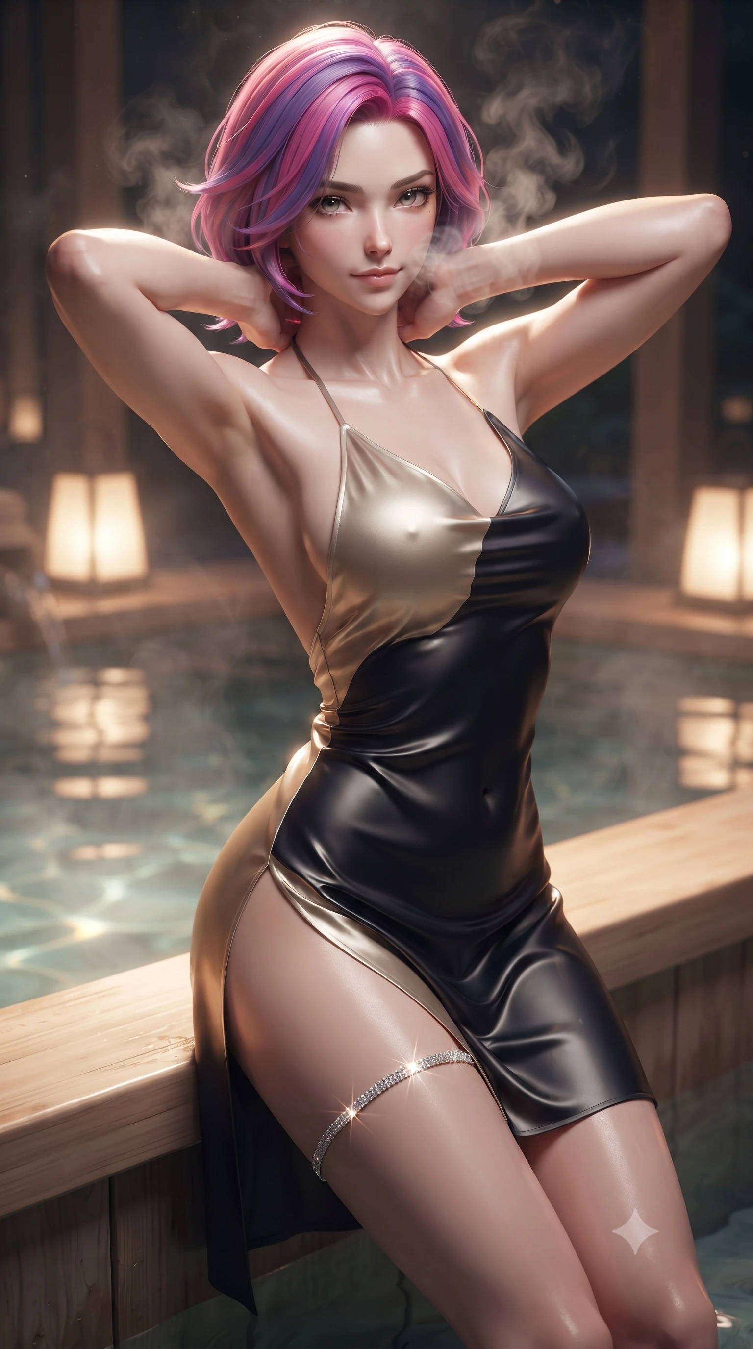 score_9, masterpiece, best quality, ultra-detailed, high-budget anime keyframe, editorial fashion photography, tasteful artistic composition, Caucasian woman. close-up cowboy shot from the waist and thighs up, the character dominates the composition, filling the frame with her large presence. resting both hands lightly behind her neck with elbows raised, arching her spine to highlight her narrow waist, flat midriff, and breathtaking collarbones while leaning back against the cedar wood tub edge with hips cocked back, looking into the lens through curls of fragrant steam with smoldering eyes. The background shows a soft-focus submerged lantern glows softened in tranquil private bathhouse shallow focus. She has an exceptionally elegant, slender, and willowy female figure with an ultra-slim waist, flat toned midriff, narrow ribcage, and sculpted feminine hips creating an alluring, slim hourglass silhouette without bulk. sharp v-shaped jawline, high-bridge nose, sparkling eyes with hypnotic seductive depth, thick curled eyelashes, glossy parted lips with a natural dewy peach sheen, alluring bedroom-eyes with an enchanting coquettish smile, exuding magnetic siren charisma and sophisticated glamour, flawlessly proportioned anatomical accuracy, strict slender model proportions, natural body alignment, perfectly sculpted long slender limbs, ultra-slim waistline, clean dynamic posture without body distortion. wearing a slinky backless halterneck column mini dress in shimmering stretch lurex with deep side slits in midnight obsidian black and shimmering liquid champagne gold, crafted from fluid liquid silk satin that clings smoothly to every curve with a dewy sheen, accented with a delicate crystal-encrusted thigh garter strap glinting under the lights, the liquid-tight tailored fabric clinging flawlessly to her narrow waist and rounded feminine hips, emphasizing every millimeter of her sculpted slim hourglass curves without any bulky heaviness. illuminated by hot spring water caustics and sharp platinum rim lights sculpting her razor-sharp jawline, narrow waist, and curvy hips. ultra-reflective glossy finish, specular highlights, rich textural contrasts, high-contrast stereoscopic depth, volumetric dynamic lighting, 2k, ultra detail, master piece, 9:16 ratio