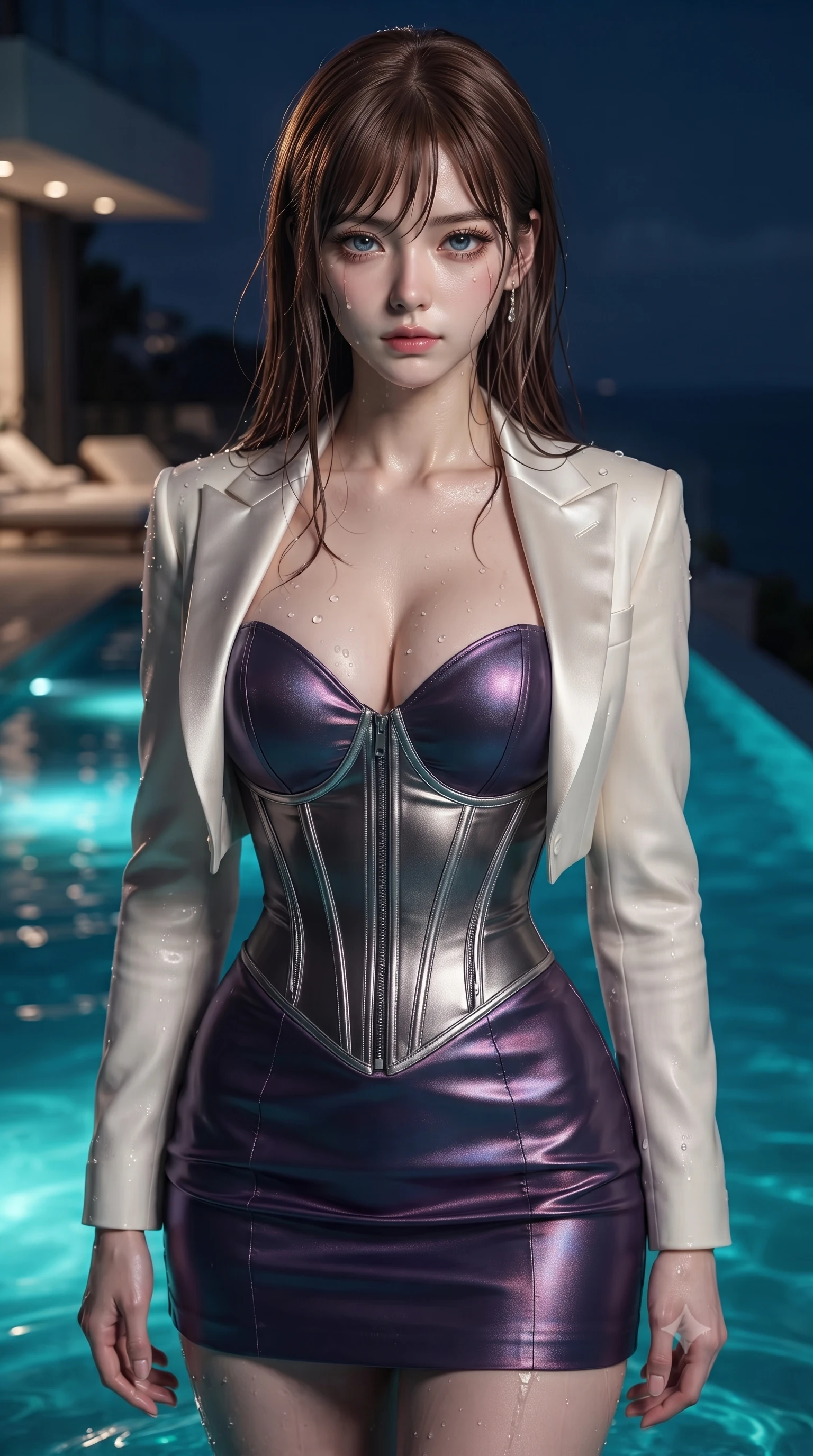 score_9, masterpiece, best quality, ultra-detailed, high-budget anime keyframe, editorial fashion photography, tasteful artistic composition, Korean woman. close-up cowboy shot from the waist and thighs up, the character dominates the composition, filling the frame with her large presence, background elements kept in soft focus. Casting a slow, direct gaze beneath heavy lashes with quiet intensity, standing gracefully in a secluded private infinity pool at a high-end villa at 3 AM, glistening water dewdrops tracing her delicate bare shoulders and clavicle lines. She has an exceptionally elegant, slender, and willowy female figure with an ultra-slim waist, a gracefully sculpted slender torso, and a refined silhouette. sharp v-shaped jawline, high-bridge nose, intricate jewel-like eyes with depth, thick eyelashes, glossy lips with a natural sheen. wearing tailored ivory tux dress with satin lapels and fitted waist in metallic dark silver, made of iridescent dark violet taffeta, finished with metallic silver boning and sleek zipper points, accentuating her gracefully sculpted slender torso. surrounded by a moody nocturnal ambiance with glowing aqua water highlights. ultra-reflective glossy finish, specular highlights, metallic sheen, high-contrast stereoscopic depth, volumetric dynamic lighting, 2k, ultra detail, master piece, 9:16 ratio