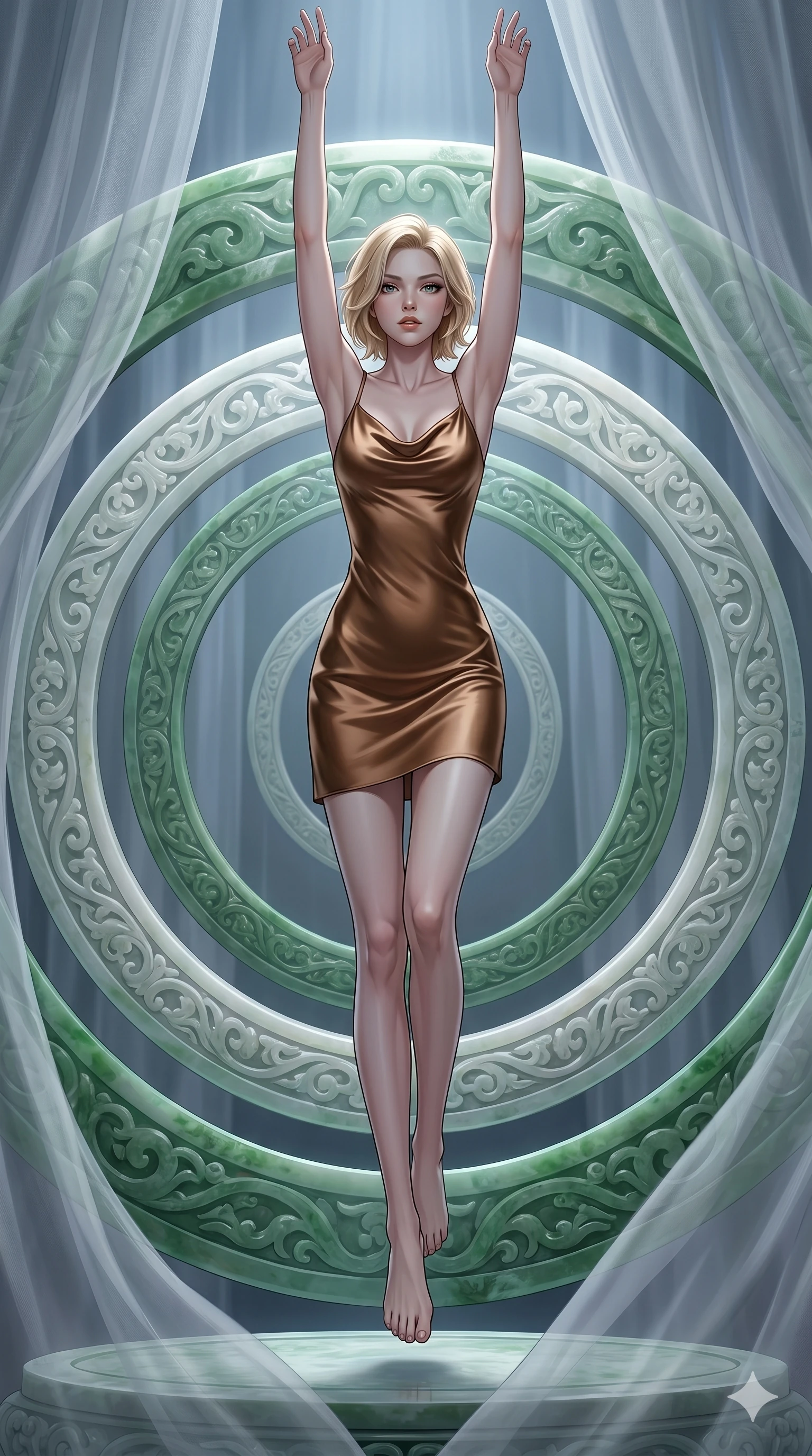 score_9, masterpiece, best quality, ultra-detailed, high-budget anime keyframe, editorial fashion photography, tasteful artistic composition, Caucasian woman, strictly human ears. low angle full-body shot from head to toe showing her feet, filling the entire 9:16 vertical frame with her statuesque presence, stretching her vertical silhouette. Leaping upward with both arms extended overhead, body fully extended on a circular platform surrounded by giant rotating rings of carved jade. She has an absolutely perfect 8-heads proportion, an exceptionally tall and slender female figure with impossibly long slender legs and an ultra-slim waist. V-shaped jawline, high-bridge nose, intricate jewel-like eyes with depth, thick eyelashes, glossy lips with a natural sheen. wearing a bias-cut slip dress in liquid bronze satin with a cowl neckline, thin spaghetti straps, and a form-contouring fit ending at mid-thigh. bathed in cold silver moonlight filtered through translucent gossamer curtains casting soft shadows on her curves. 2k, ultra detail, master piece, 9:16 ratio