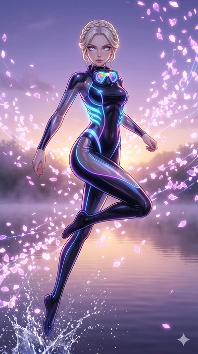 score_9, masterpiece, best quality, ultra-detailed, Set A: High-budget Anime Keyframe, Japanese woman. Low angle cowboy shot filling the entire 9:16 frame with her statuesque presence. Leaping through a misty lakeside at dawn, while her eyes glow wit