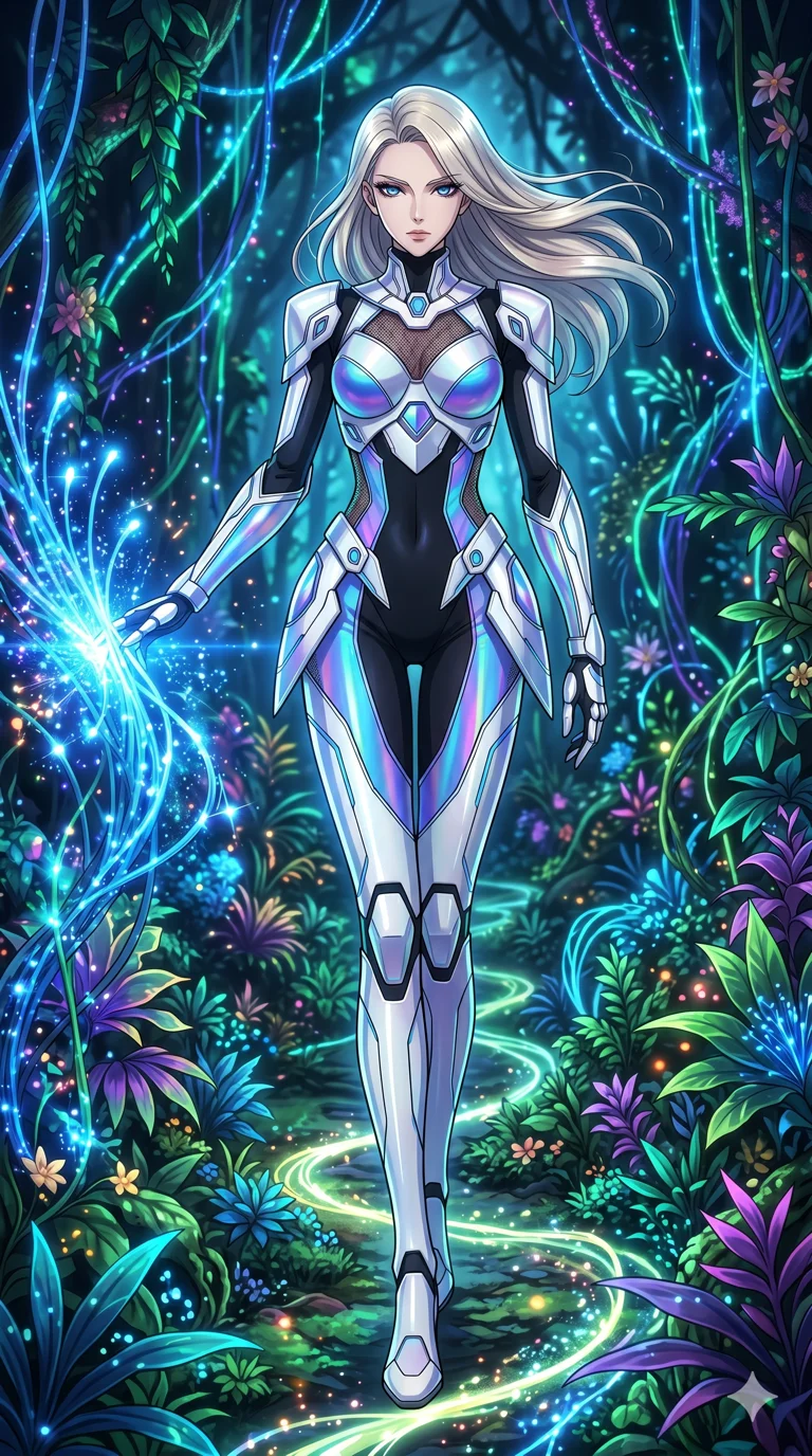 score_9, masterpiece, best quality, ultra-detailed, High-budget Anime Keyframe, vibrant colors, fluid line-art, expressive lighting, cinematic composition, Ufotable-style visual effects, top-tier animation quality, Caucasian woman with pale skin and refined features. Upper body close-up from the thighs up, character filling the screen for maximum presence. Walking through a forest of fiber-optic vines that react to her touch by glowing brighter. She has an absolutely perfect 8-heads proportion, an exceptionally tall and slender female figure with impossibly long slender legs and an ultra-slim waist, her statuesque height and towering silhouette dominating the vertical 9:16 frame. Her face is a masterpiece featuring a sharp v-shaped jawline, high-bridge nose, intricate jewel-like eyes with depth, thick eyelashes, and glossy lips with a natural sheen. She is wearing a White chrome-plated armor plating over a black plugsuit, featuring holographic fabric that shifts colors based on light and peek-a-boo mesh.. The scene is set in a bioluminescent jungle where every leaf and flower glows with a unique frequency. 2k, ultra detail, master piece, 9:16 ratio