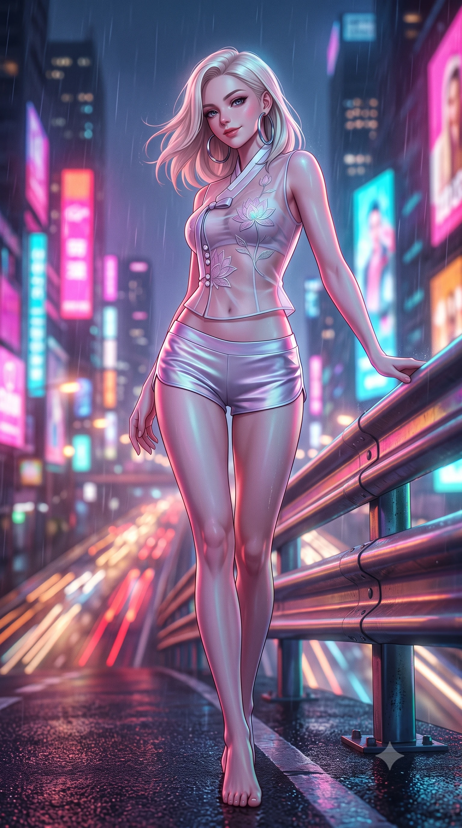 score_9, masterpiece, best quality, ultra-detailed, high-budget anime keyframe, semi-realistic 3D game render, editorial fashion photography, tasteful artistic composition, Caucasian woman. low angle full-body shot from head to toe showing her feet, filling the entire 9:16 vertical frame with her statuesque presence, stretching her vertical silhouette. stepping slowly toward the camera with hypnotic grace, hips swaying in an alluring sensual rhythm that accentuates her curvy hourglass silhouette and long slender legs while leaning against the illuminated highway safety rail with hips cocked back, looking over a bare shoulder toward roaring traffic trails below. The background shows a soft-focus speeding car light trails, towering neon skyscraper advertisements, and misty night rain blurred into electric fuchsia, cyan, and amber bokeh. She has an absolutely perfect, statuesque 8.5-heads proportion, an exceptionally tall and slender model-like female figure with impossibly long slender legs, an ultra-slim waist, a flat toned midriff, narrow delicate ribcage, and beautifully sculpted feminine hips creating a graceful, slim hourglass silhouette without any bulky heaviness. sharp v-shaped jawline, high-bridge nose, sparkling eyes with hypnotic seductive depth, thick curled eyelashes, glossy parted lips with a natural dewy peach sheen, alluring bedroom-eyes with an enchanting coquettish smile, exuding magnetic siren charisma and sophisticated glamour, flawlessly proportioned anatomical accuracy, strict slender model proportions, natural body alignment, perfectly sculpted long slender limbs, ultra-slim waistline, clean dynamic posture without body distortion. wearing a form-contouring sheer organza hanbok bodice with delicate lotus embroidery paired with low-rise silk hot-pants in iridescent mother-of-pearl and misty lavender, crafted from fluid liquid silk satin that clings smoothly to every curve with a dewy sheen, accented with oversized polished chrome hoop earrings catching the ambient neon glow, the glove-like clinging cut tightly following the natural contour of her hips and long slender legs with youthful 8.5-heads elegance. bathed in dynamic dual-tone neon lighting spilling from towering Japanese billboard displays. highly saturated vibrant anime colors, detailed shading with soft gradients, rich glossy textures, high-contrast stereoscopic depth, volumetric dynamic lighting, master piece, 9:16 ratio