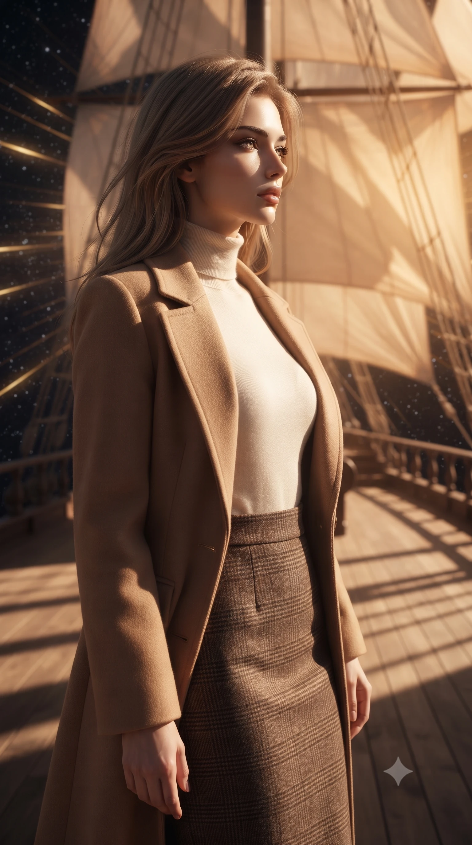 score_9, masterpiece, best quality, ultra-detailed, high-budget anime keyframe, editorial fashion photography, tasteful artistic composition, Japanese woman. close-up cowboy shot from the waist and thighs up, the character dominates the composition, filling the frame with her large presence, background elements kept in soft focus. Turning her face in sharp dramatic profile against the light. set against a soft-focus background of the deck of a magnificent interstellar sailing vessel with enormous gossamer light-sails billowing with stellar wind cosmic rays visible as golden streaks against the star-filled void beyond the railings. She has an exceptionally elegant and slender, willowy female figure with an ultra-slim waist, a gracefully sculpted slender torso, and a refined slim physique. sharp v-shaped jawline, high-bridge nose, intricate jewel-like eyes with depth, thick eyelashes, glossy lips with a natural sheen. wearing a camel hair overcoat over a soft ivory turtleneck and a brown plaid wool pencil skirt. warm golden stellar wind light caught in the translucent sails creating a diffused amber glow across the deck with sharp starlight shadows from the rigging. 2k, ultra detail, master piece, 9:16 ratio