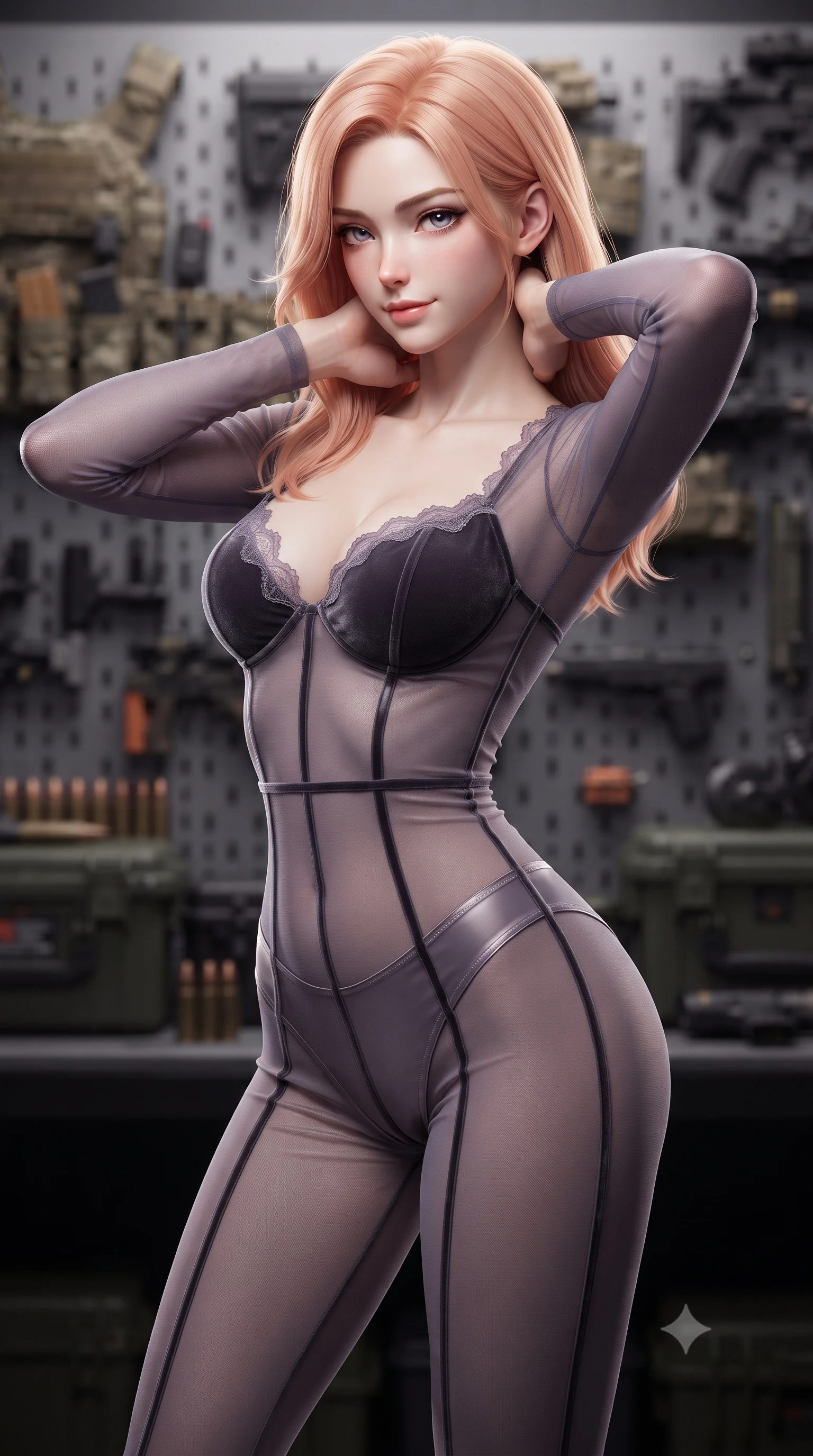 score_9, masterpiece, best quality, ultra-detailed, high-budget anime keyframe, editorial fashion photography, tasteful artistic composition, Japanese woman. close-up cowboy shot from the waist and thighs up, the character dominates the composition, filling the frame with her large presence. resting both hands lightly behind her neck with elbows raised, arching her spine to highlight her narrow waist, flat midriff, and breathtaking collarbones while standing poised before a wall of backlit precision hardware with hips cocked back, glancing back with an intoxicating, smoldering gaze. The background shows a soft-focus rows of customized tactical gear, ammunition cases, and tool pegboards blurred into matte carbon, brass, and gunmetal bokeh. She has an exceptionally elegant, slender, and willowy female figure with an ultra-slim waist, flat toned midriff, narrow ribcage, and sculpted feminine hips creating an alluring, slim hourglass silhouette without bulk. sharp v-shaped jawline, high-bridge nose, sparkling eyes with hypnotic seductive depth, thick curled eyelashes, glossy parted lips with a natural dewy peach sheen, alluring bedroom-eyes with an enchanting coquettish smile, exuding magnetic siren charisma and sophisticated glamour, flawlessly proportioned anatomical accuracy, strict slender model proportions, natural body alignment, perfectly sculpted long slender limbs, ultra-slim waistline, clean dynamic posture without body distortion. wearing a provocative sheer illusion mesh tactical catsuit with reinforced seam tapes over matching satin briefs in dusky lavender mist and dark charcoal velvet, made of semi-opaque stretch illusion mesh with soft shadowy contours, finished with scalloped eyelash lace trim framing her sweetheart neckline with intimate elegance, the liquid-tight tailored fabric clinging flawlessly to her narrow waist and rounded feminine hips, emphasizing every millimeter of her sculpted slim hourglass curves without any bulky heaviness. illuminated by polished steel tabletop bounce and sharp platinum rim lights defining her razor-sharp jawline, narrow waist, and curvy hips. ultra-reflective glossy finish, specular highlights, rich textural contrasts, high-contrast stereoscopic depth, volumetric dynamic lighting, 2k, ultra detail, master piece, 9:16 ratio