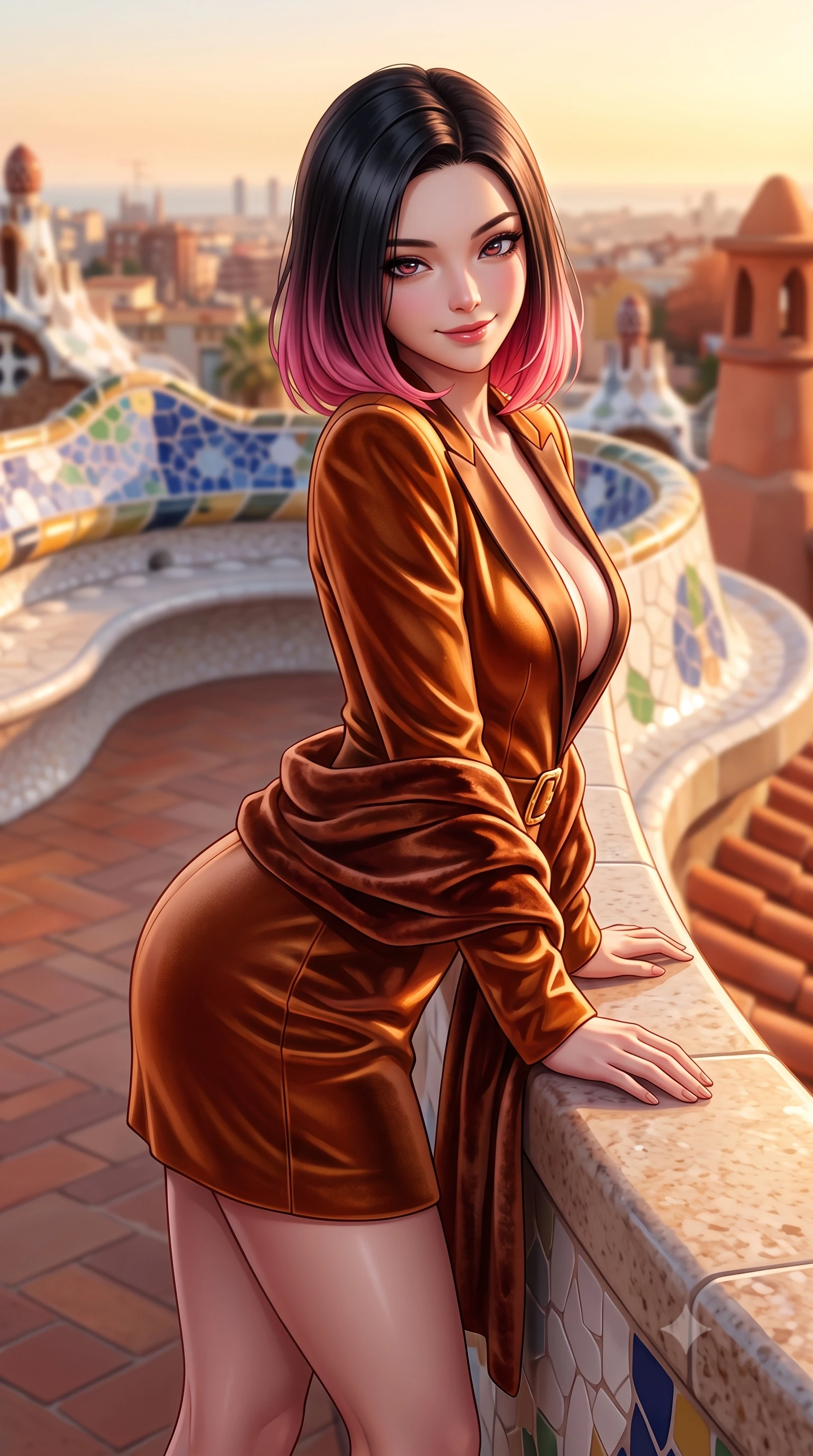 score_9, masterpiece, best quality, ultra-detailed, high-budget anime keyframe, semi-realistic 3D game render, editorial fashion photography, tasteful artistic composition, Korean woman. close-up cowboy shot from the waist and thighs up, the character dominates the composition, filling the frame with her large presence. leaning forward against the polished railing with her hips cocked back, creating an intoxicating curve from her narrow waist to sculpted hips as she gazes back into the lens while perching on an undulating trencadís tile parapet overlooking the Barcelona skyline, looking over her bare shoulder with a playful, alluring smile. The composition keeps background elements in soft focus with creamy bokeh. curving ceramic tile benches and terracotta rooftop balustrades softened in artistic shallow focus. She has an exceptionally elegant, slender, and willowy female figure with an ultra-slim waist, flat toned midriff, narrow ribcage, and sculpted feminine hips creating an alluring, slim hourglass silhouette without bulk. sharp v-shaped jawline, high-bridge nose, intricate jewel-like eyes with depth, thick eyelashes, glossy parted lips with a natural sheen, intensely captivating and seductive bedroom-eyes expression, flawlessly proportioned anatomical accuracy, strict slender model proportions, natural body alignment, perfectly sculpted long slender limbs, ultra-slim waistline, clean dynamic posture without body distortion. wearing a tailored velvet tuxedo jacket dress with satin lapels, worn with a deep plunge neckline and gold hip buckle in rich copper bronze and warm amber, formed from supple second-skin lambskin leather with specular sheen, complemented by a plush velvet shawl draped loosely over her elbows, the glove-like aerodynamic silhouette tightly following the natural contour of her hips and long slender legs with statuesque 8.5-heads elegance. bathed in glorious golden hour Mediterranean sunset backlighting and warm terracotta tile bounce fill. highly saturated vibrant anime colors, detailed shading with soft gradients, rich glossy textures, high-contrast stereoscopic depth, volumetric dynamic lighting, master piece, 9:16 ratio