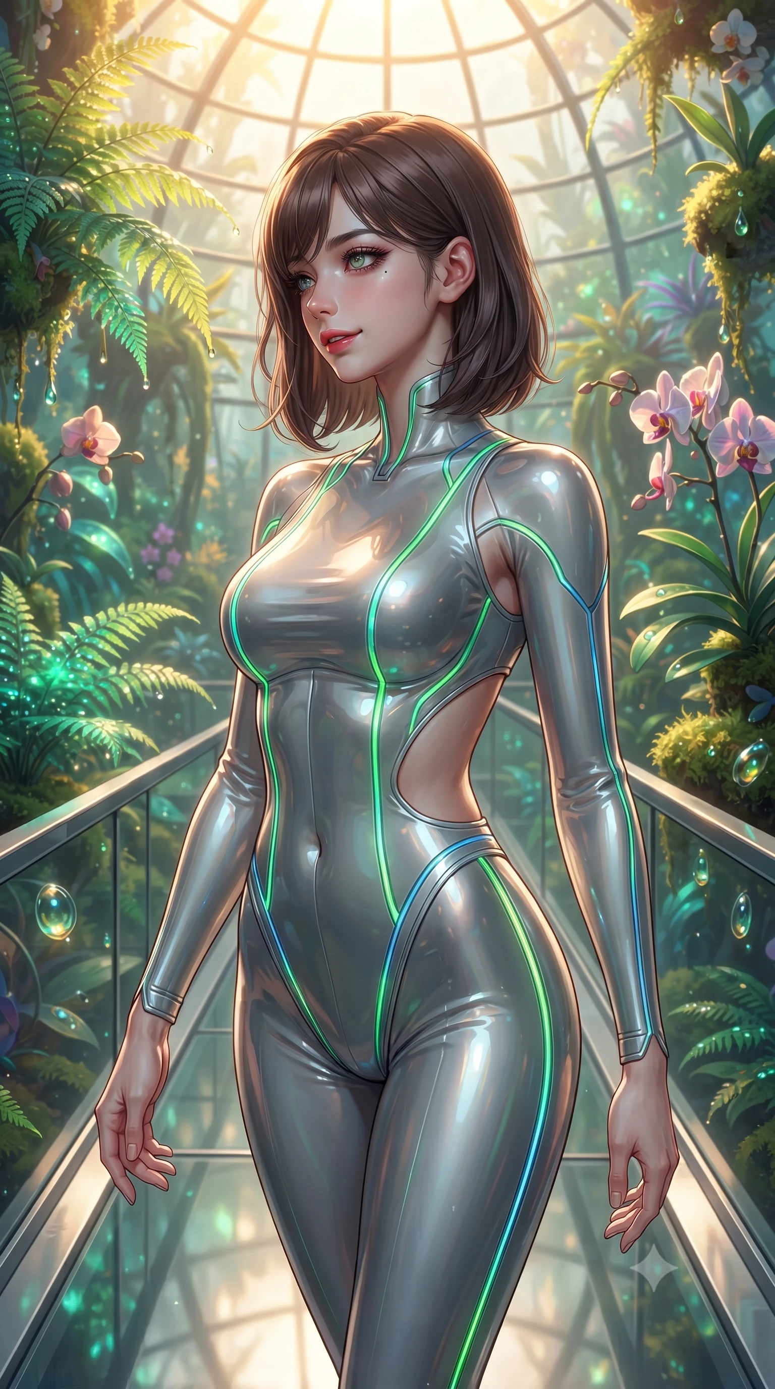 score_9, masterpiece, best quality, ultra-detailed, high-budget anime keyframe, editorial fashion photography, tasteful artistic composition, Korean woman. close-up cowboy shot from the waist and thighs up, the character dominates the composition, filling the frame with her large presence, background elements kept in soft focus. Glancing sidelong over her shoulder with a smoldering half-smile and heavy lashes walking along a platinum-framed glass walkway in a sunlit botanical dome, dewdrops on bioluminescent leaves reflecting vibrant emerald and gold. She has an exceptionally elegant, slender, and willowy female figure with an ultra-slim waist, a gracefully sculpted slender torso, and a refined silhouette. sharp v-shaped jawline, high-bridge nose, intricate jewel-like eyes with depth, thick eyelashes, glossy lips with a natural sheen. wearing a skin-tight cybernetic bodysuit with glowing neon seams and suggestive side cutouts, the elegant draped fit framing her graceful clavicle and slender torso. bathed in warm golden sunlight and soft emerald bioluminescent glow. ultra-reflective glossy finish, specular highlights, metallic sheen, high-contrast stereoscopic depth, volumetric dynamic lighting, 2k, ultra detail, master piece, 9:16 ratio