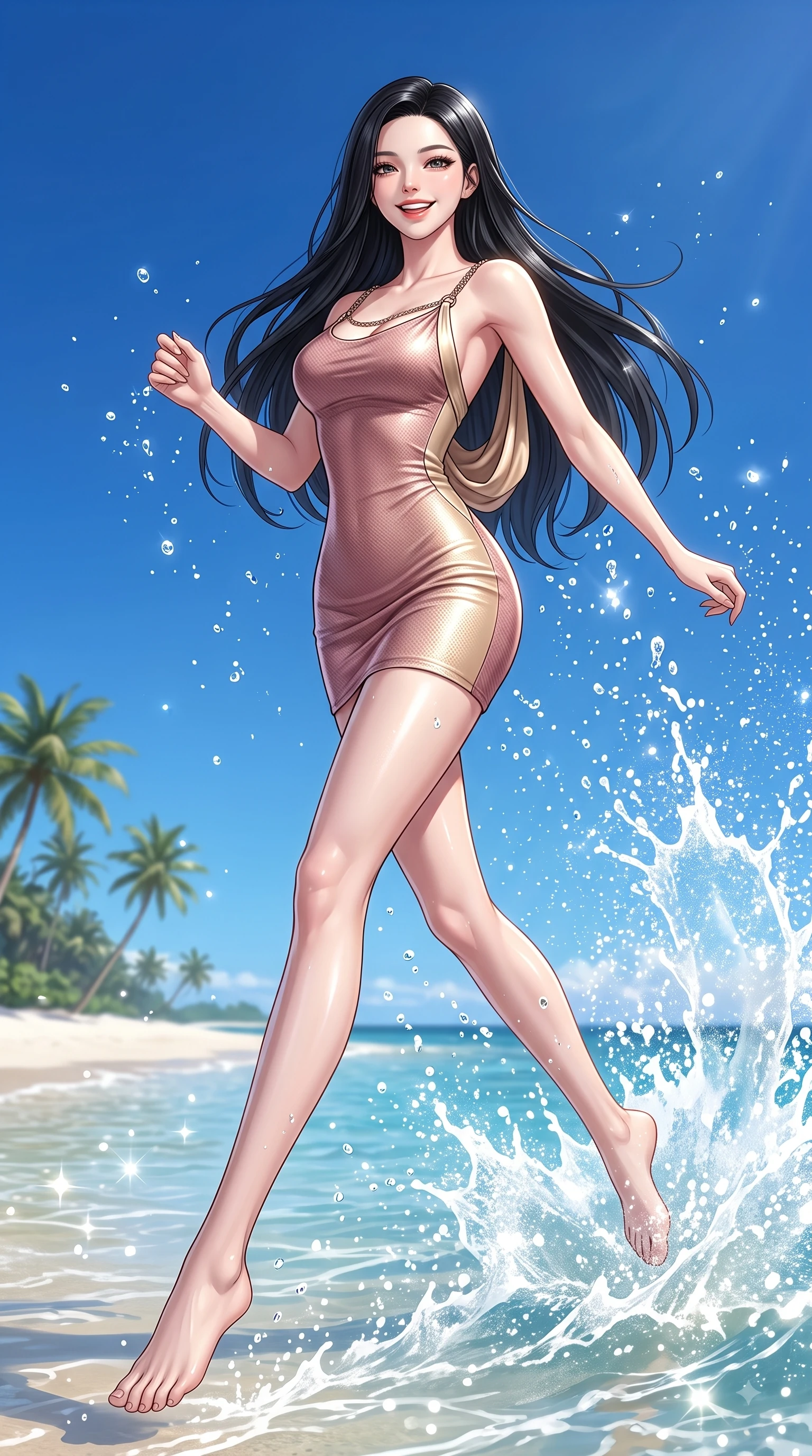 score_9, masterpiece, best quality, ultra-detailed, high-budget anime keyframe, editorial fashion photography, tasteful artistic composition, Korean woman. low angle full-body shot from head to toe showing her feet, filling the entire 9:16 vertical frame with her statuesque presence, stretching her vertical silhouette. forging dynamically through the scene with a happy infectious smile, her ultra-slim waist creating a sweeping curve while leaping with a radiant bright smile into the sparkling sea spray under a clear blue sky, dazzling tropical sunlight scattering sparkling water droplets around her laughing silhouette. She has an absolutely perfect, statuesque 8.5-heads proportion, an exceptionally tall and slender model-like female figure with impossibly long slender legs and an ultra-slim waist. sharp v-shaped jawline, high-bridge nose, intricate jewel-like eyes with depth, thick eyelashes, glossy lips with a natural sheen, flawlessly proportioned anatomical accuracy, natural body alignment, perfectly sculpted elegant limbs, clean dynamic posture without body distortion. wearing a precision-fitted liquid jersey bodycon dress with a graceful draped back in dusty rose and champagne gold, made of fine carbon-fiber weave and soft matte leather, adorned with delicate metallic chain straps along the neckline, the elegant draped fit framing her graceful clavicle and slender torso. surrounded by a bright, pristine beach ambiance with cheerful specular highlights. ultra-reflective glossy finish, specular highlights, metallic sheen, high-contrast stereoscopic depth, volumetric dynamic lighting, 2k, ultra detail, master piece, 9:16 ratio