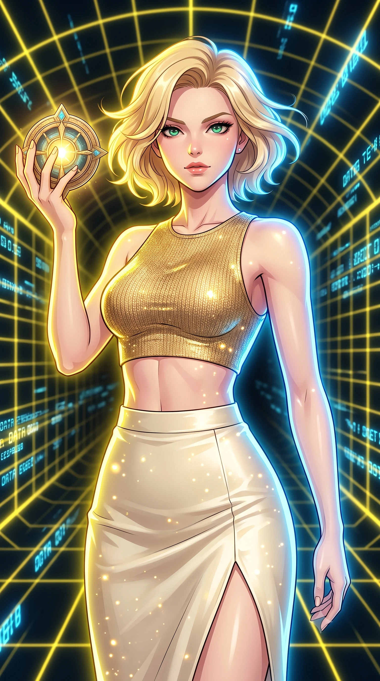 score_9, masterpiece, best quality, ultra-detailed, high-budget anime keyframe, clean line-art, cel-shading, Caucasian woman, strictly human ears. close-up cowboy shot from the waist and thighs up, the character dominates the composition, filling the frame with her large presence, background elements kept in soft focus. Holding a glowing relic aloft with a triumphant, commanding expression. set against a soft-focus background of inside a virtual reality data tunnel made of glowing yellow grid lines, streams of digital packets rushing past. She has an exceptionally elegant and slender, willowy female figure with an ultra-slim waist, a gracefully sculpted slender torso, and a refined slim physique. sharp v-shaped jawline, high-bridge nose, intricate jewel-like eyes with depth, thick eyelashes, glossy lips with a natural sheen. wearing catching and diffusing the glowing particles, shimmering softly in response to the surrounding light, a form-contouring crop top in a gold metallic knit paired with a high-waisted cream silk skirt featuring a front slit. brilliant cinematic volumetric lighting with intense neon rim light outlining her form. highly saturated vibrant anime colors, intense vivid color palette, volumetric dynamic lighting, 2k, ultra detail, master piece, 9:16 ratio