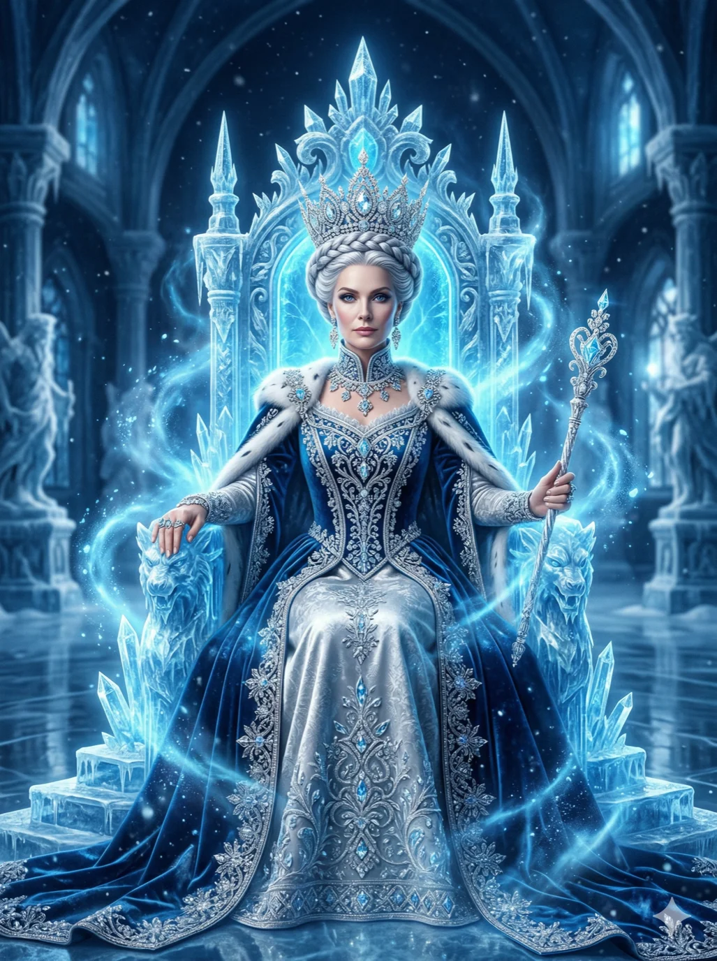 A regal queen on a throne of ice, wearing a crown made of diamonds, cold blue aura, 2k, ultra detail, master piece, 3:4 ratio