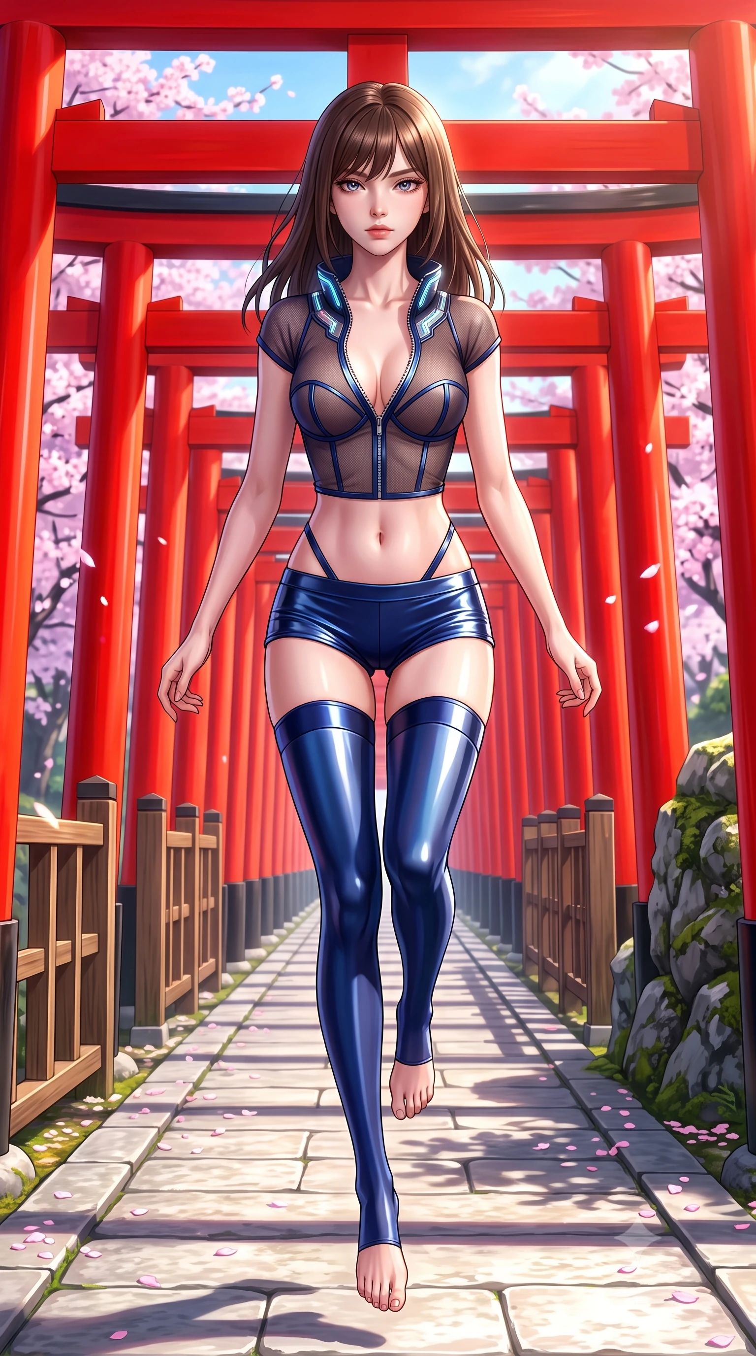 score_9, masterpiece, best quality, ultra-detailed, high-budget anime keyframe, semi-realistic 3D game render, editorial fashion photography, tasteful artistic composition, Korean woman. low angle full-body shot from head to toe showing her feet, filling the entire 9:16 vertical frame with her statuesque presence, stretching her vertical silhouette. performing an alluring mid-air vault with flawless poise, looking directly into the camera with smoldering intensity while striding with imperial grace along a stone pathway framed by an endless arcade of scarlet torii gates. The surrounding environment is rendered in vivid detail and crisp panoramic clarity. sharp cherry blossom petal clusters, wooden bridge railings, and mossy rock textures in high clarity. She has an absolutely perfect, statuesque 8.5-heads proportion, an exceptionally tall and slender model-like female figure with impossibly long slender legs, a toned flat midriff, and an ultra-slim waist. sharp v-shaped jawline, high-bridge nose, intricate jewel-like eyes with depth, thick eyelashes, glossy lips with a natural sheen, flawlessly proportioned anatomical accuracy, strict slender model proportions, natural body alignment, perfectly sculpted long slender limbs, ultra-slim waistline, clean dynamic posture without body distortion. wearing a delicate see-through dark mesh top with structured cup boning, paired with high-cut micro-shorts and thigh-high stockings in deep royal navy blue and specular chrome, made of liquid metal jersey that clings flawlessly to every contour of her build, featuring a dangerously unzipped neckline framed by glowing cybernetic accents, the sleek second-skin cut tightly hugging her graceful clavicle, narrow waist, and feminine curves with athletic precision. bathed in bright morning sunlight and vibrant scarlet torii gate backlighting. highly saturated vibrant anime colors, detailed shading with soft gradients, rich glossy textures, high-contrast stereoscopic depth, volumetric dynamic lighting, master piece, 9:16 ratio