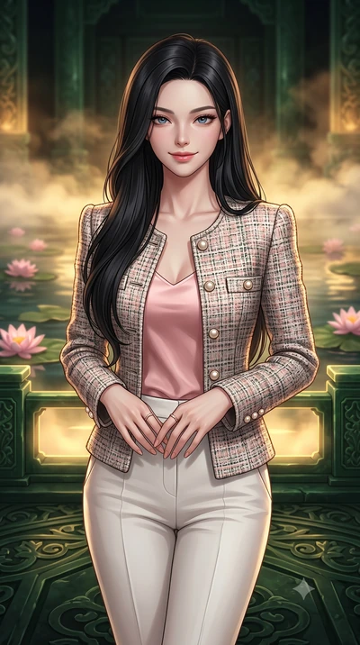 score_9, masterpiece, best quality, ultra-detailed, high-budget anime keyframe, editorial fashion photography, tasteful artistic composition, Korean woman. close-up cowboy shot from the waist and thighs up, the character dominates the composition, fi