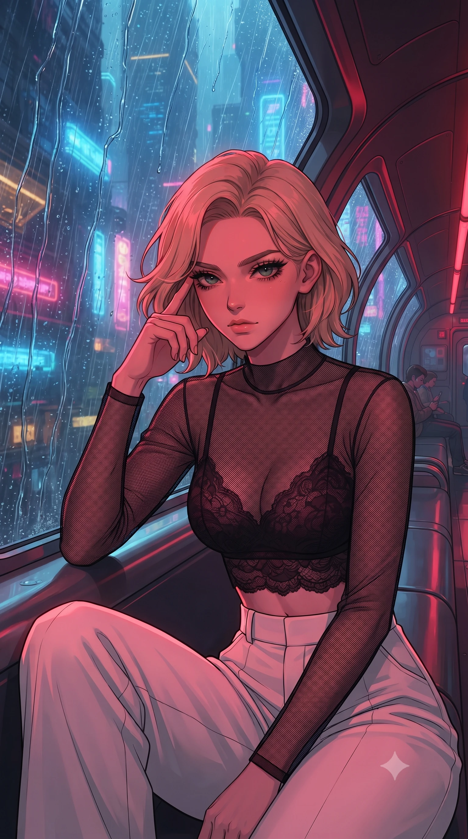 score_9, masterpiece, best quality, ultra-detailed, high-budget anime keyframe, gorgeous anime illustration, artistic 2d flat cel-shaded style, Caucasian woman, strictly human ears. close-up cowboy shot from the waist and thighs up, the character dominates the composition, filling the frame with her large presence, background elements kept in soft focus. Pressing two fingers to her temple in a composed thoughtful gesture. set against a soft-focus background of in the observation car of a high-speed hovertrain passing through a neon-drenched futuristic canyon in a heavy rainstorm, water streams cascading down the curved glass window. She has an exceptionally elegant and slender, willowy female figure with an ultra-slim waist, a gracefully sculpted slender torso, and a refined slim physique. sharp v-shaped jawline, high-bridge nose, intricate jewel-like eyes with depth, thick eyelashes, glossy lips with a natural sheen. wearing a transparent black mesh top over a sheer lace crop top and high-waisted white wide-leg trousers. deep crimson theatrical lighting with sharp specular highlights on every curve. 2k, ultra detail, master piece, 9:16 ratio, vibrant anime color palette, flat color shading, 2d animation style