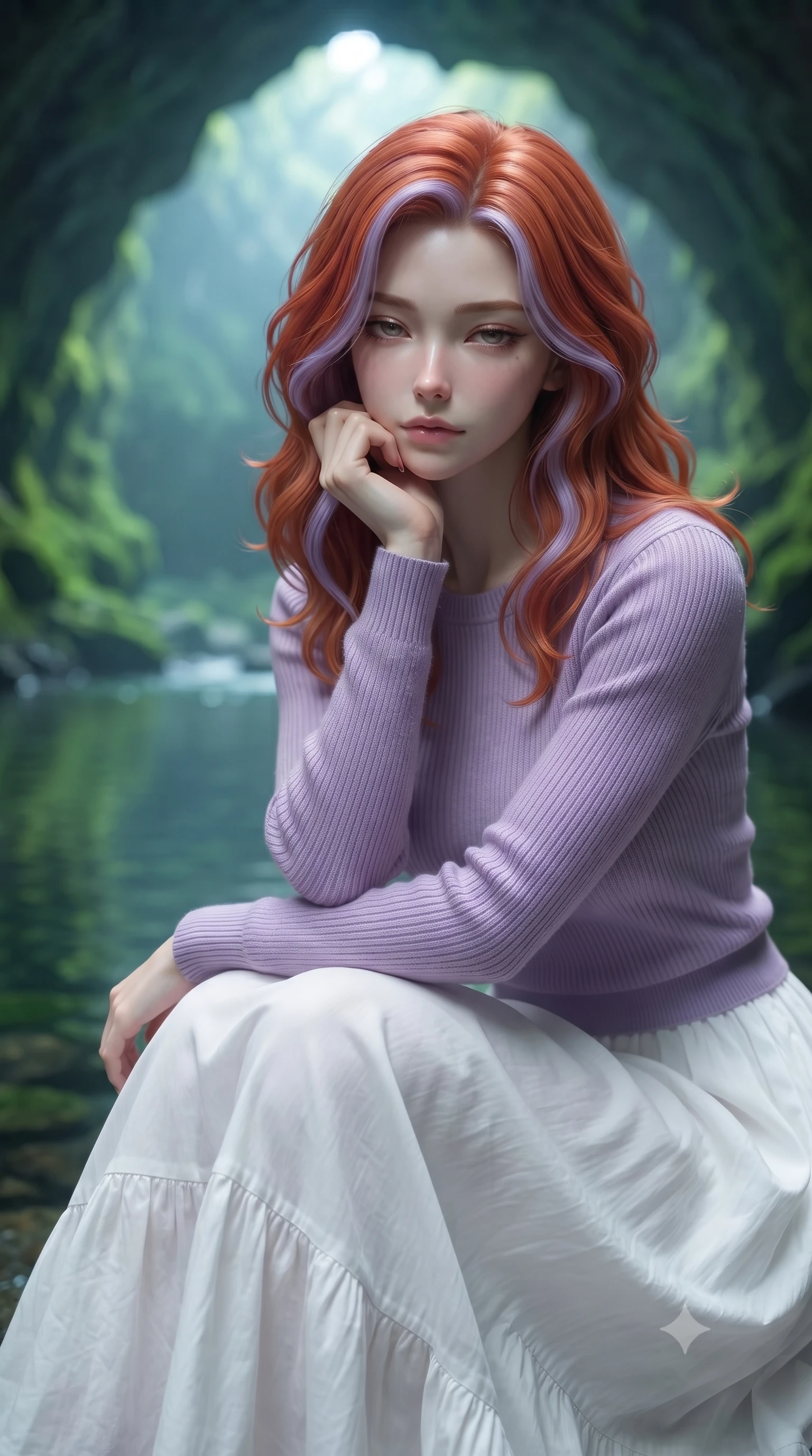 score_9, masterpiece, best quality, ultra-detailed, high-budget anime keyframe, editorial fashion photography, tasteful artistic composition, Caucasian woman woman. close-up cowboy shot from the waist and thighs up, the character dominates the composition, filling the frame with her large presence, background elements kept in soft focus. resting her chin on the backs of her fingers, casting a heavy-lidded, sultry look past the camera the background shows a soft-focus a hidden sea cave containing a calm water pool reflecting green mossy walls. She has an exceptionally elegant, slender, and willowy female figure with an ultra-slim waist, a gracefully sculpted slender torso, and a refined silhouette. sharp v-shaped jawline, high-bridge nose, intricate jewel-like eyes with depth, thick eyelashes, glossy lips with a natural sheen. wearing a form-contouring comfortable lavender knit sweater paired with a flowy white cotton maxi skirt. soft ambient light filtering from the cave mouth, creating a quiet blue-green glow. ultra-reflective glossy finish, specular highlights, metallic sheen, high-contrast stereoscopic depth, volumetric dynamic lighting, 2k, ultra detail, master piece, 9:16 ratio