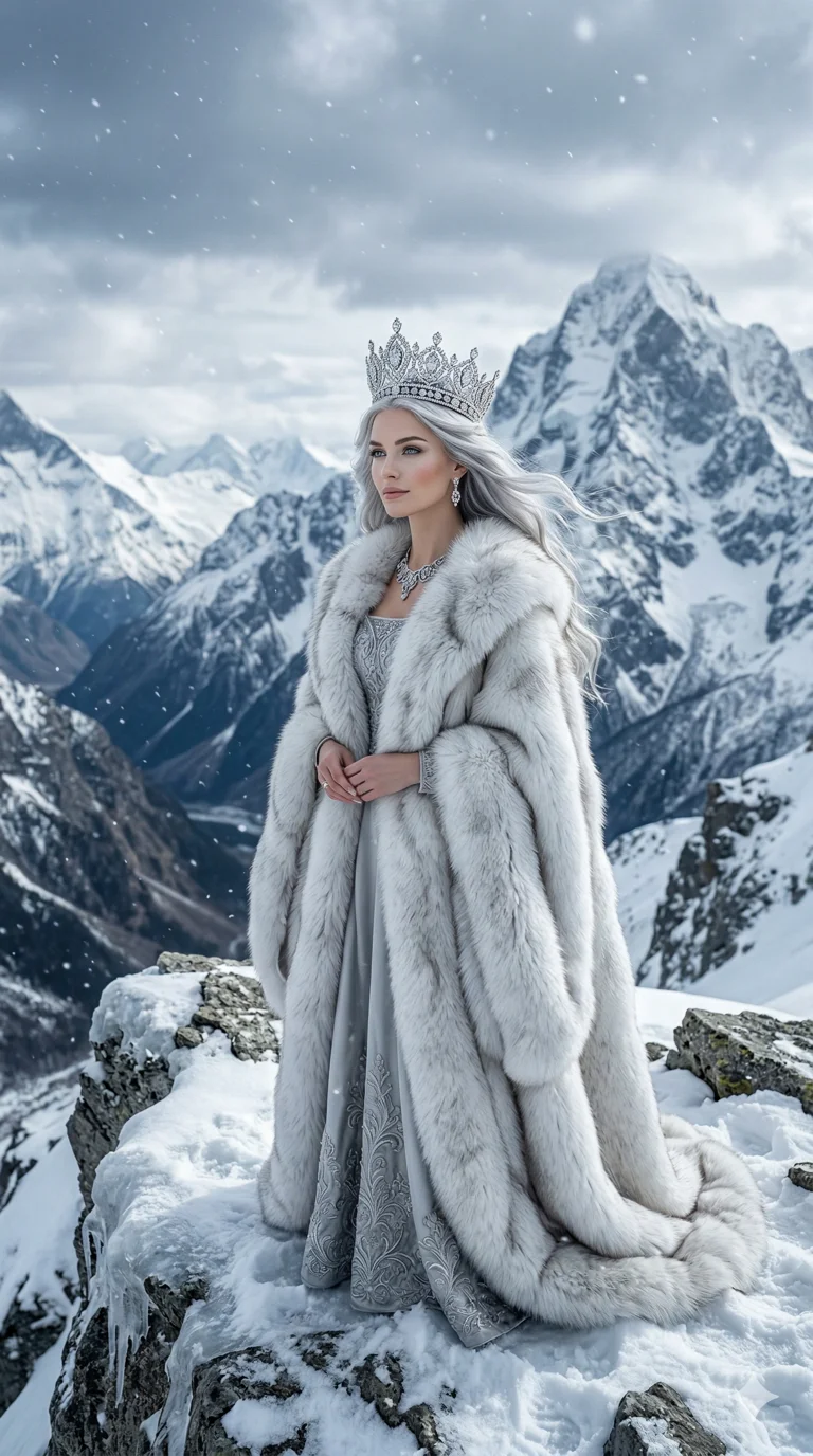 (masterpiece:1.2), best quality, highres, (1girl:1.3), stunning woman, long silver hair, (white fur cloak and diamond crown:1.2), snowy mountains, 2k, ultra detail, 9:16 ratio
