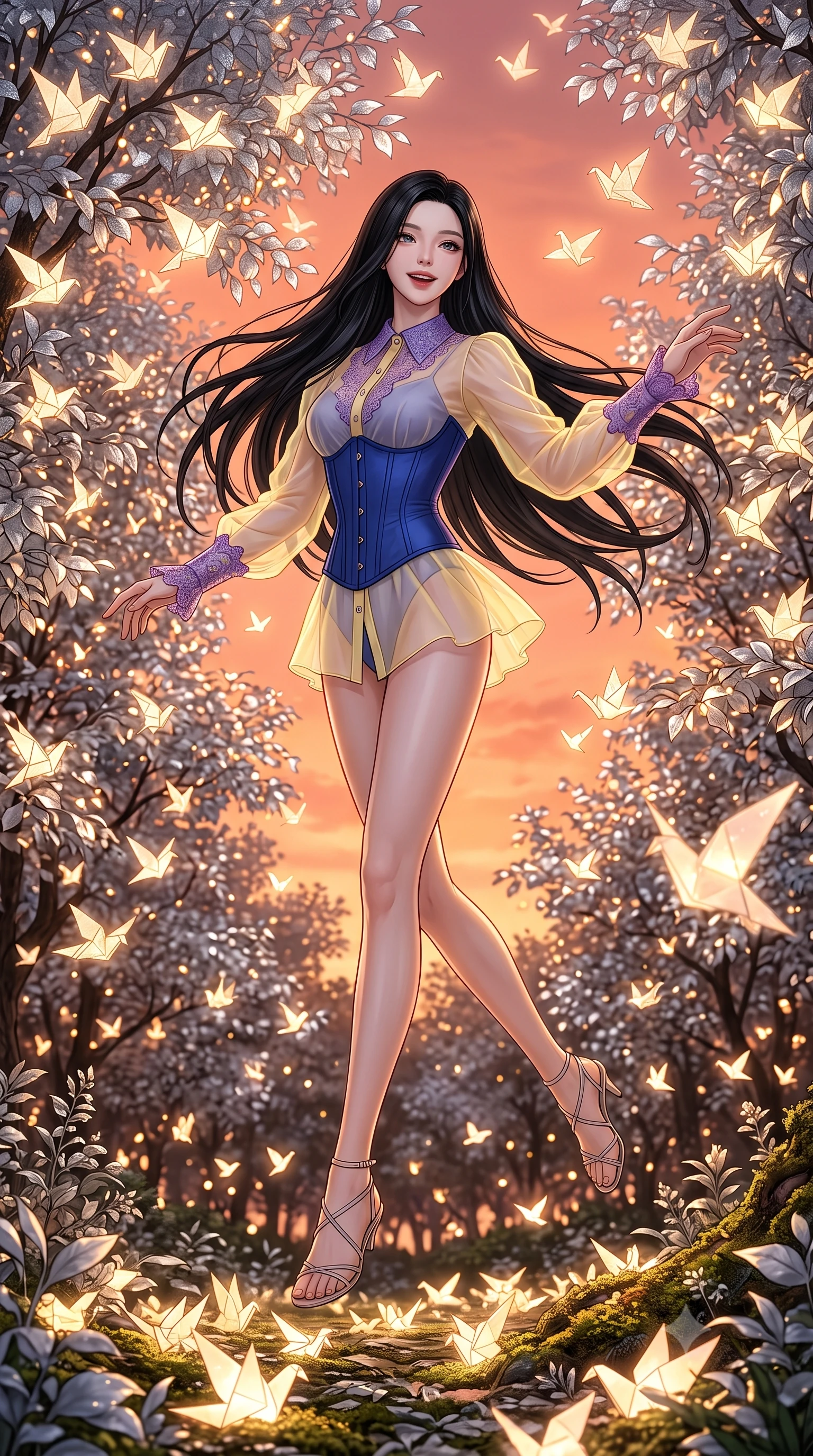 score_9, masterpiece, best quality, ultra-detailed, high-budget anime keyframe, editorial fashion photography, tasteful artistic composition, Korean woman. low angle full-body shot from head to toe showing her feet, filling the entire 9:16 vertical frame with her statuesque presence, stretching her vertical silhouette. dancing with weightless, happy grace through in a forest clearing filled with silver-leaf trees where thousands of glowing paper birds nest and take flight into a pink evening sky. She has a statuesque 8.5-heads proportion, an exceptionally tall, slender and willowy model-like build with impossibly long legs and a highly sculpted ultra-slim waist. sharp v-shaped jawline, high-bridge nose, intricate jewel-like eyes with depth, thick eyelashes, glossy lips with a natural sheen. wearing a transparent organza blouse in pastel yellow with purple lace cuffs, layered over a structured cobalt blue corset. warm orange and pink glow from the paper birds illuminating the silver leaves and casting a warm cozy light. 2k, ultra detail, master piece, 9:16 ratio