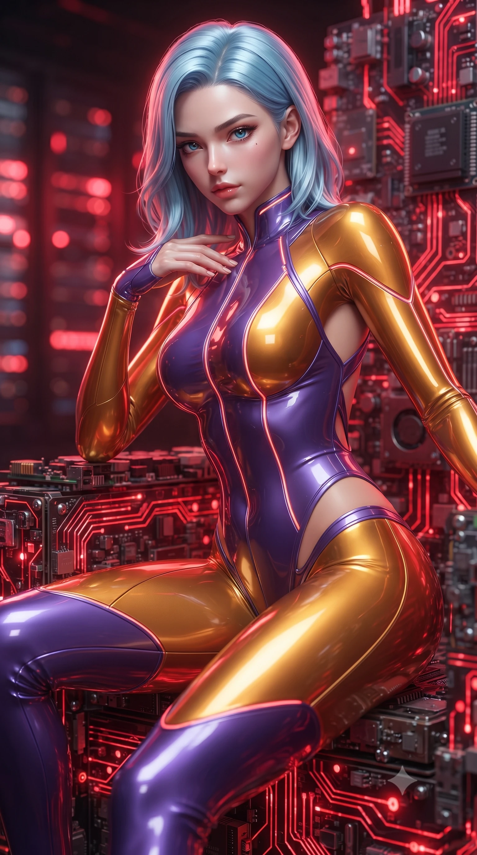 score_9, masterpiece, best quality, ultra-detailed, high-budget anime keyframe, editorial fashion photography, tasteful artistic composition, Korean woman. close-up cowboy shot from the waist and thighs up, the character dominates the composition, filling the frame with her large presence. leaning forward with a dangerous, enticing smolder, resting one hand near her collarbone while casting a fiery, magnetic direct gaze while seated dynamically on a commanding throne of calcified logic boards and glowing red circuits. The composition keeps background elements in soft focus with creamy bokeh. pulsating crimson circuit tracks and server arrays blurred into intense, glowing red bokeh. She has an exceptionally elegant, slender, and willowy female figure with an ultra-slim waist, a gracefully sculpted slender torso, and a refined silhouette. sharp v-shaped jawline, high-bridge nose, intricate jewel-like eyes with depth, thick eyelashes, glossy lips with a natural sheen, flawlessly proportioned anatomical accuracy, natural body alignment, perfectly sculpted elegant limbs, clean dynamic posture without body distortion. wearing a skin-tight cybernetic bodysuit with glowing neon seams, deep hip cutouts, and an aerodynamic athletic fit in lustrous molten gold and pure deep violet, formed from high-gloss patent material with specular light reflections, complemented by criss-cross back straps highlighting her completely bare spine, the sleek aerodynamic cut emphasizing her magnetic presence and alluring physical grace. illuminated by deep ruby red ambient glow and crisp silver specular highlights. ultra-reflective glossy finish, specular highlights, metallic sheen, high-contrast stereoscopic depth, volumetric dynamic lighting, 2k, ultra detail, master piece, 9:16 ratio
