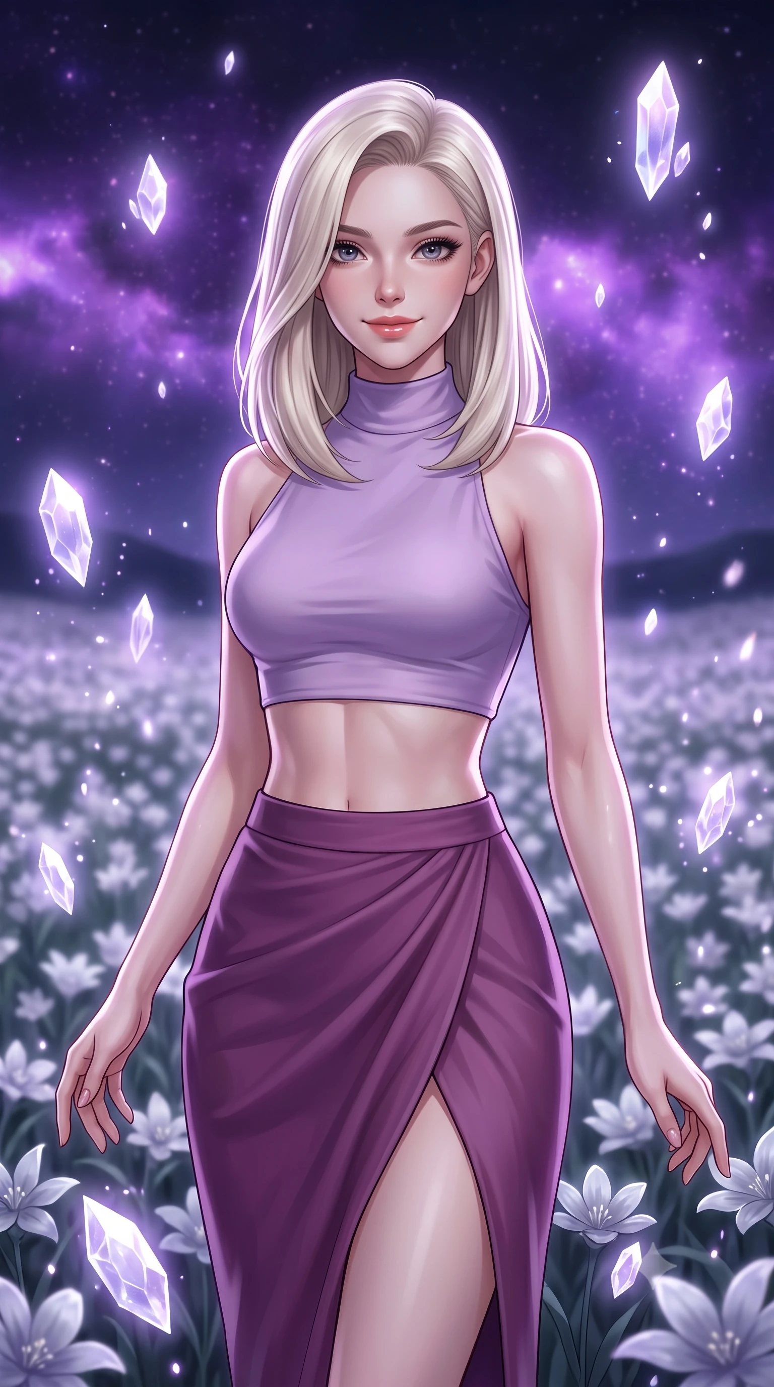 score_9, masterpiece, best quality, ultra-detailed, high-budget anime keyframe, editorial fashion photography, tasteful artistic composition, Caucasian woman, strictly human ears. close-up cowboy shot from the waist and thighs up, the character dominates the composition, filling the frame with her large presence, background elements kept in soft focus. Casting a soft, warm, affectionate smile with glowing eyes. set against a soft-focus background of in an endless field of silver flowers swaying in the night breeze under a sky filled with glowing violet nebulae and falling stardust. She has an exceptionally elegant, slender, and willowy female figure with a highly-defined ultra-slim waist, a gracefully sculpted slender torso, and a refined slim-fit silhouette that contours her form. sharp v-shaped jawline, high-bridge nose, intricate jewel-like eyes with depth, thick eyelashes, glossy lips with a natural sheen. wearing a high-neck crop top in lavender, paired with a matching high-waisted wrap skirt in plum with a front slit. ethereal pearlescent light emanating from floating crystalline formations all around. 2k, ultra detail, master piece, 9:16 ratio