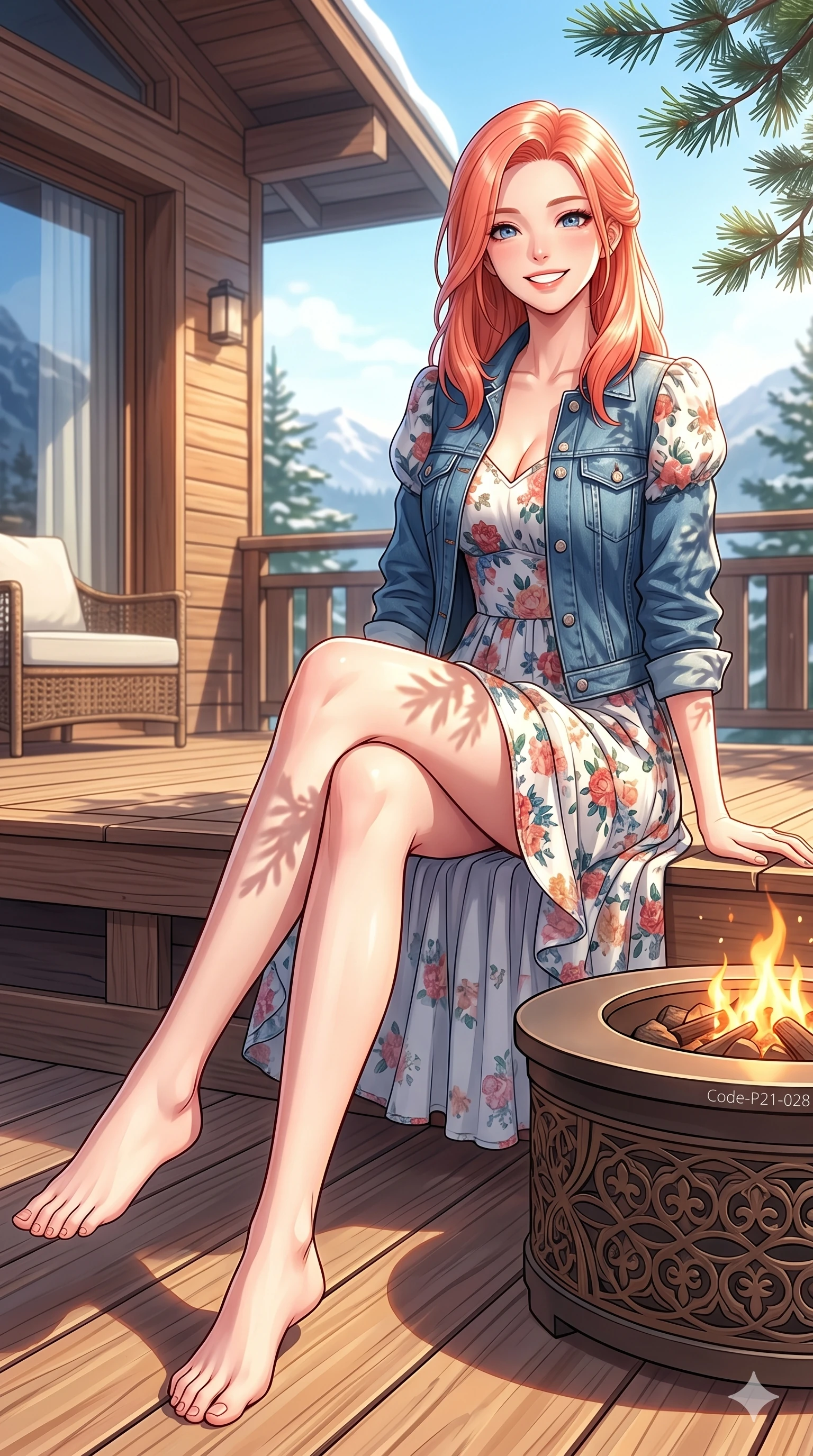 score_9, masterpiece, best quality, ultra-detailed, high-budget anime keyframe, vibrant anime aesthetic, Japanese woman. low angle full-body shot from head to toe showing her feet, filling the entire 9:16 vertical frame with her statuesque presence, stretching her vertical silhouette. She is sitting on the chalet deck, smiling brightly with a relaxed, happy expression on a private hotel terrace with a warm outdoor fire pit under the sun (Code-P21-028). She has an absolutely perfect 8-heads proportion, an exceptionally tall and slender female figure with impossibly long slender legs and an ultra-slim waist. V-shaped jawline, high-bridge nose, intricate jewel-like eyes with depth, thick eyelashes, glossy lips with a natural sheen. wearing a winter floral dress with puff sleeves and denim jacket. She is drenched in brilliant afternoon winter sunshine, casting patterns of pine leaves over her. 2k, ultra detail, master piece, 9:16 ratio