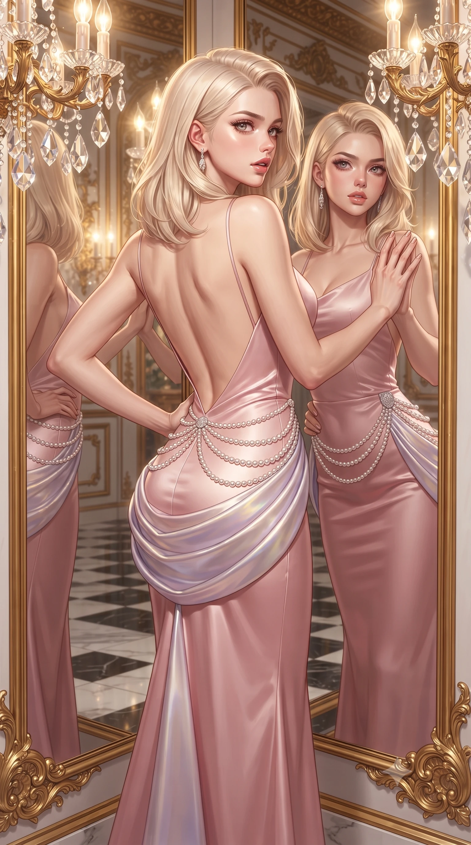 score_9, masterpiece, best quality, ultra-detailed, high-budget anime keyframe, editorial fashion photography, tasteful artistic composition, Caucasian woman. close-up cowboy shot from the waist and thighs up, the character dominates the composition, filling the frame with her large presence. tilting her chin up with proud, sovereign allure while gazing through thick eyelashes, one hand resting on her waist in pure supermodel charisma while resting both hands against a colossal gilded mirror panel with lower back arched, glancing over her shoulder at her own reflection with parted glossy lips. The surrounding environment is rendered in vivid detail and crisp panoramic clarity. sharp gilded rococo scrollwork, cut crystal chandelier facets, and checkerboard marble floor reflections in deep focus. She has an exceptionally elegant, slender, and willowy female figure with an ultra-slim waist, a gracefully sculpted slender torso, toned flat midriff, and rounded feminine hips creating an alluring hourglass silhouette. sharp v-shaped jawline, high-bridge nose, intricate jewel-like eyes with depth, thick eyelashes, glossy parted lips with a natural sheen, intensely captivating and seductive bedroom-eyes expression, flawlessly proportioned anatomical accuracy, strict slender model proportions, natural body alignment, perfectly sculpted long slender limbs, ultra-slim waistline, clean dynamic posture without body distortion. wearing a backless blush-pink duchess satin slip gown descending to the small of her back with cascading hip drapes in pearlescent opal with soft violet luster, tailored from fluid silk crepe with delicate inner corsetry boning, accented with a multi-tiered pearl hip chain cascading over her curved silhouette, the dramatically scooped open back descending to the base of her spine, accentuating her razor-sharp statuesque lines and curvy hourglass silhouette. bathed in radiant golden chandelier illumination and multi-directional mirror reflections. ultra-reflective glossy finish, specular highlights, rich textural contrasts, high-contrast stereoscopic depth, volumetric dynamic lighting, 2k, ultra detail, master piece, 9:16 ratio